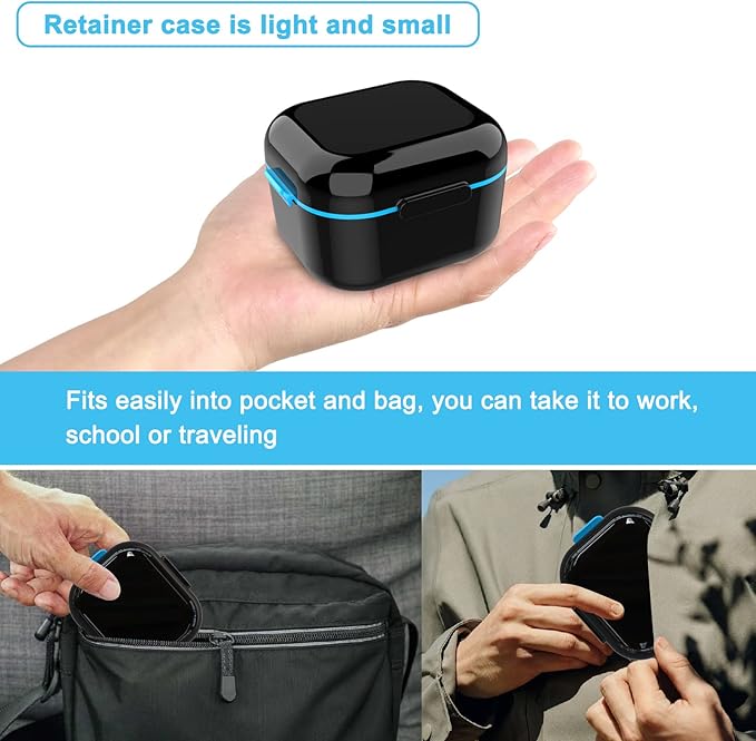 BVN Denture Bath Denture Case: Denture Cup for Soaking Dentures, Retainer Cleaner Case with Mirror, Mouth Guard Case, Aligner Case, Retainer Holder, Night Guard Case, False Teeth Container Black