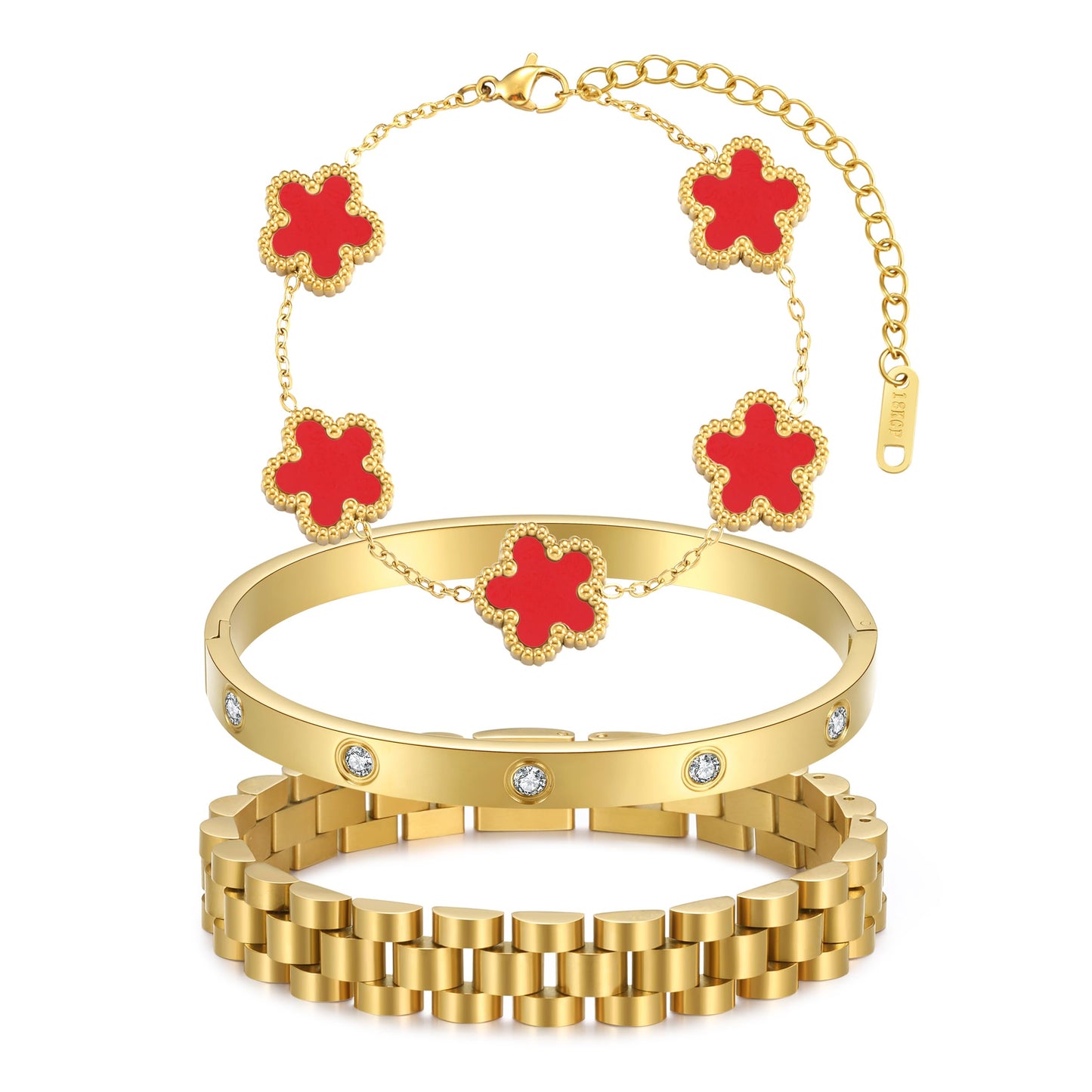 YOQ Stackable Four Leaf Clover Bracelets for Women, 18K Gold Plated Love Bangle Bracelets Set, 3 Pcs Charm Jewelry Gifts (Red)
