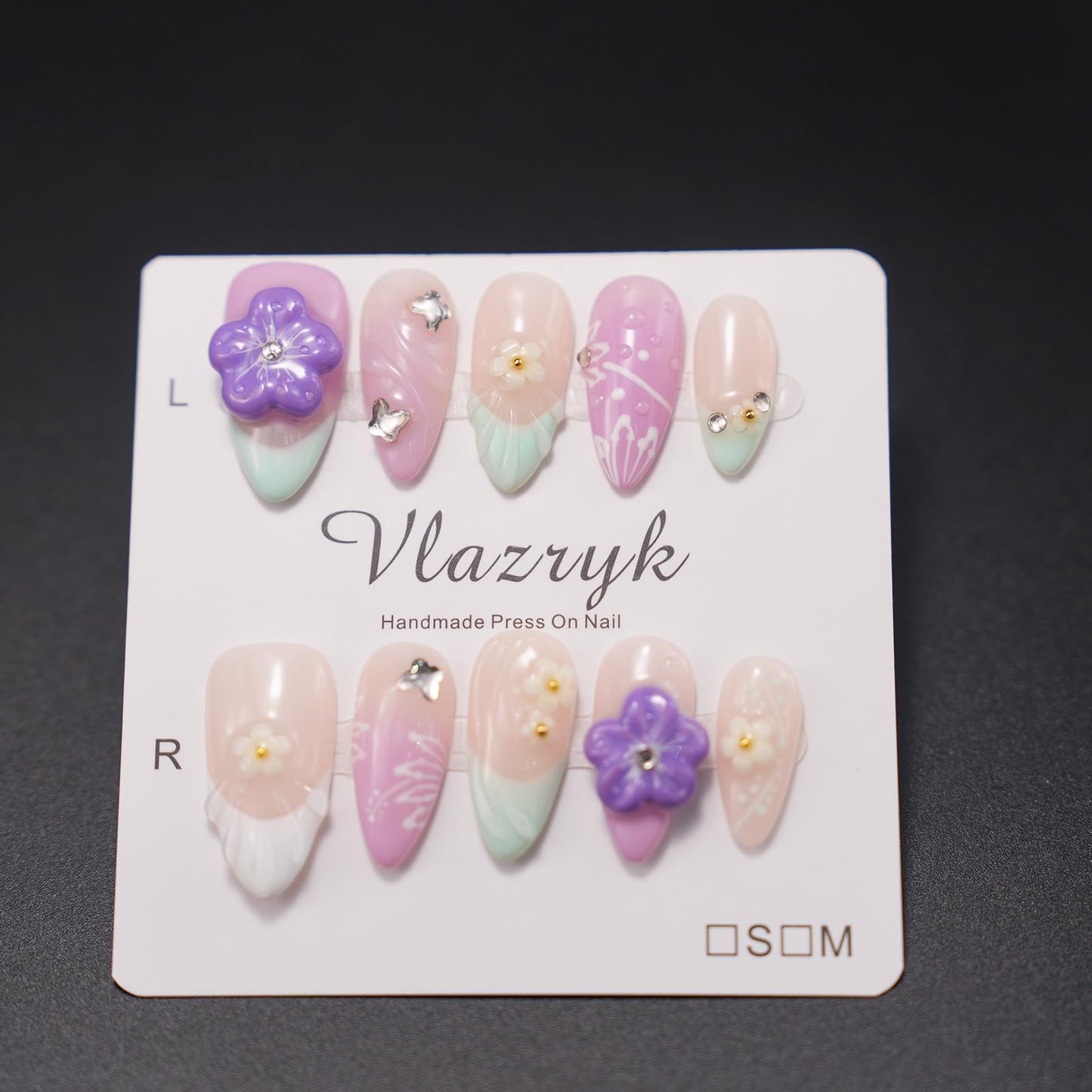 Handmade Press On Nails – Summer Medium Almond Pink Purple Gradient French Tip Fake Nails,with 3D Flower Rhinestones – Thick Acrylic & Multi-Layer Gel, Reusable Luxury False Nails（S)