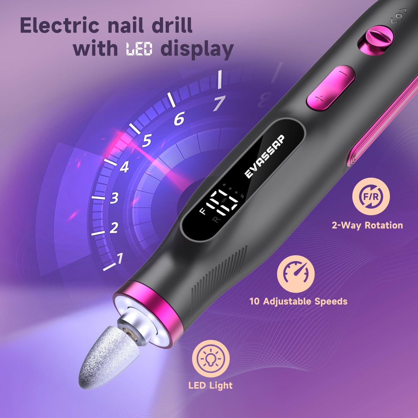 Professional Nail Drill,Electric Nail File kit for Acrylic Gel Nails,Electric Manicure and Pedicure Tools,10 Speeds Nail Care Gift for Trimmer,Grinder,Buffer(Black)