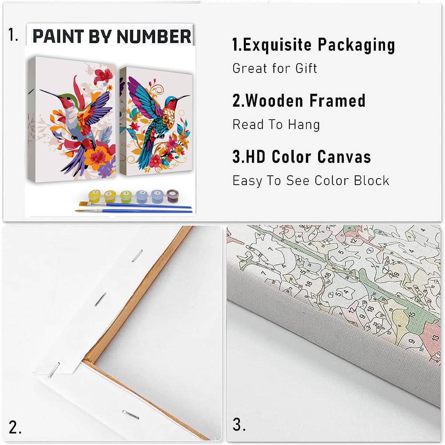 Paint by Numbers Kit for Adults - 2 Pack Hummingbird Paint-by-Number Kits - Acrylic Easy Paint by Numbers Framed - Canvas Arts and Crafts 8x12 Inch