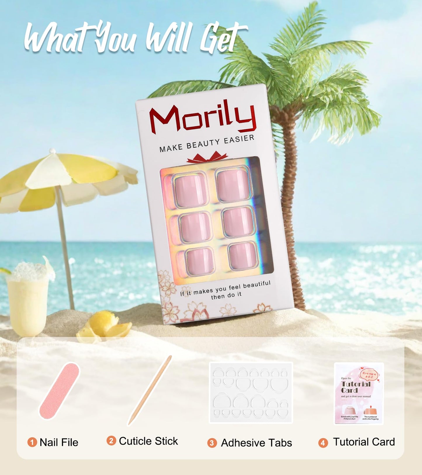 Morily Press on Toenails Light Pink Fake Toenails Short Acrylic Toe Nails Square False Toes Nails Reusable Full Cover Beach Toesnails for Women - 28Pcs in 14 Sizes