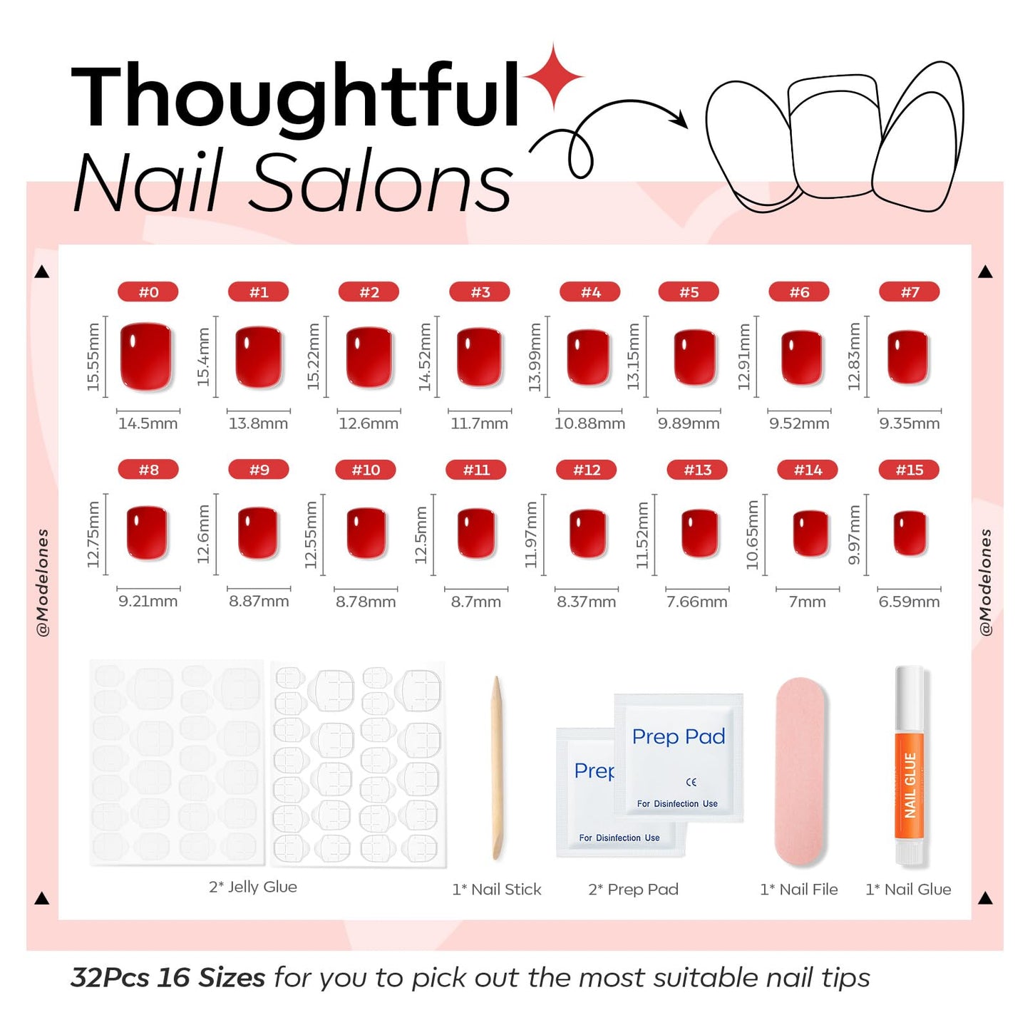 Modelones Extra Short Press on Nails, Sheer Red Jelly Semi-Transparent Squoval Fake Nails, Reusable Nail Kit with Nail Glue Adhesive Tabs Mini Nail File, Nails Press Ons 32Pcs 16 Sizes, Women Gift