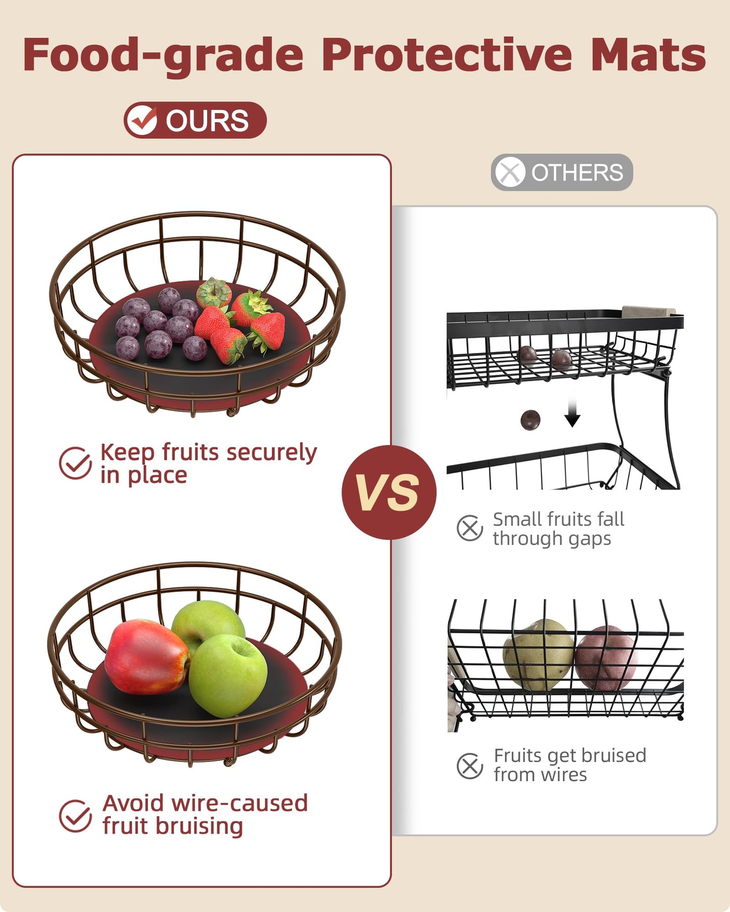 Sevenblue 2 Tier Large Fruit Basket for Kitchen Counter with Removable Banana Hanger - Sturdy Iron Fruit Bowl for Kitchen Counter and Vegetable Holder, Fruit Holder for Kitchen Countertop, Brown