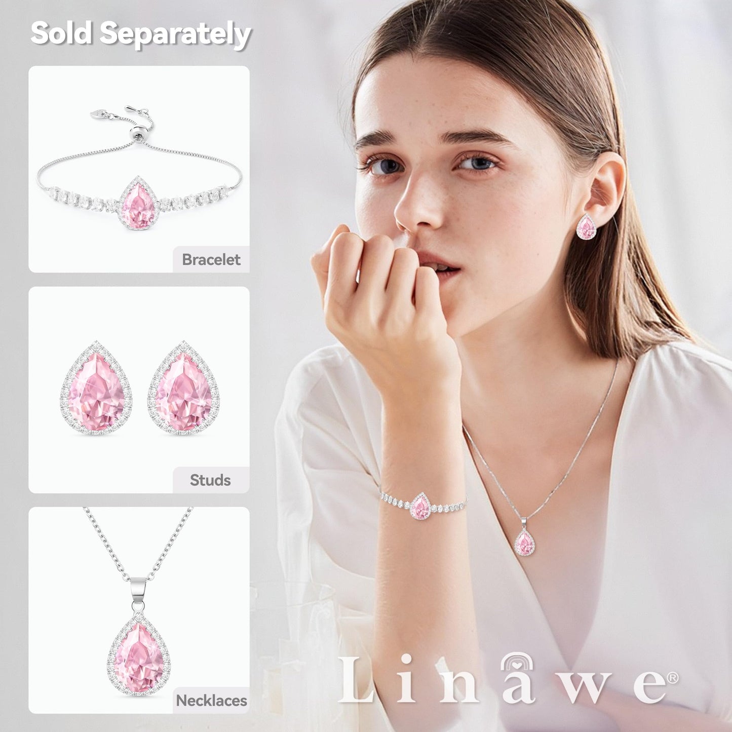 Linawe Pink Earrings Studs for Women, Silver Imitation Diamond Morganite Teardrop Cartilage Stud Earrings Set, Wedding Bridal Iridescent Rhinestone Crystal Sparkly Bridesmaid Jewelry