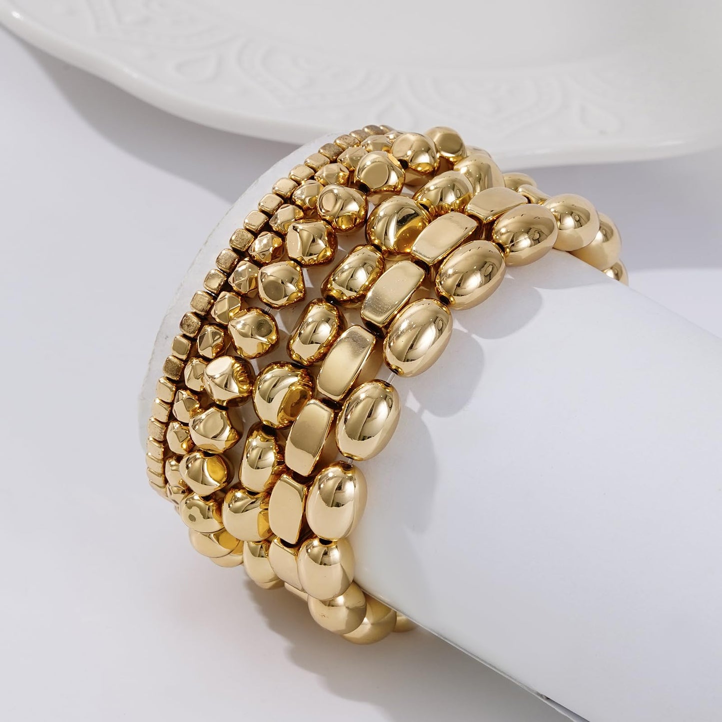 Sajidos Gold Plated Beaded Bracelets for Women Trendy, 14K Gold Plated Stack Cross Pearl Bead Stretch Bracelets Set Elastic Hypoallergenic Bracelets Jewelry Gifts (style4)