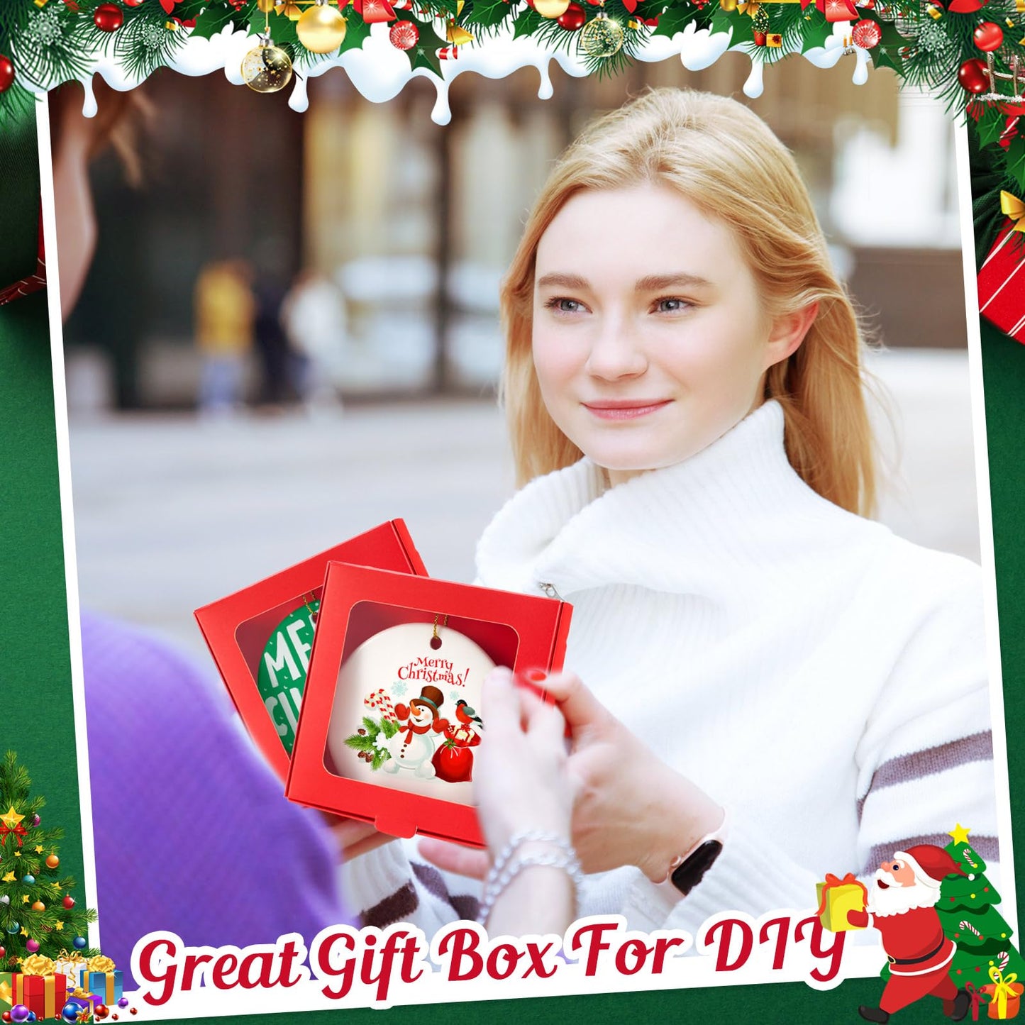 Dunzoom 50 Pcs Sublimation Ornament Blanks Gift Box 3.6"x3.6"x0.7" Christmas Ornaments Holder Ceramic Discs Packaging Box with Window for Personalized Xmas Tree Blanks Bulk (Red)