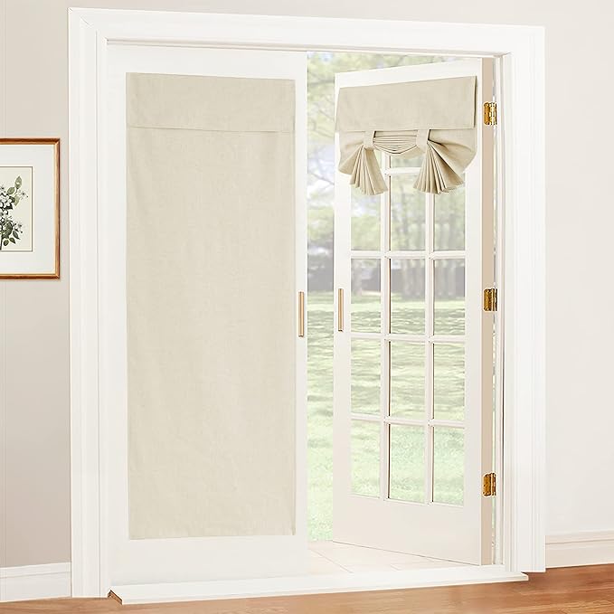 RYB HOME 100% Blackout Tricia Door Curtains, Linen Textured Blend Thermal Insulating Privacy French Door Window Tie Up Shades Living Room Curtains for Kitchen, W 34 x L 80 inches, Beige, 1 Panel