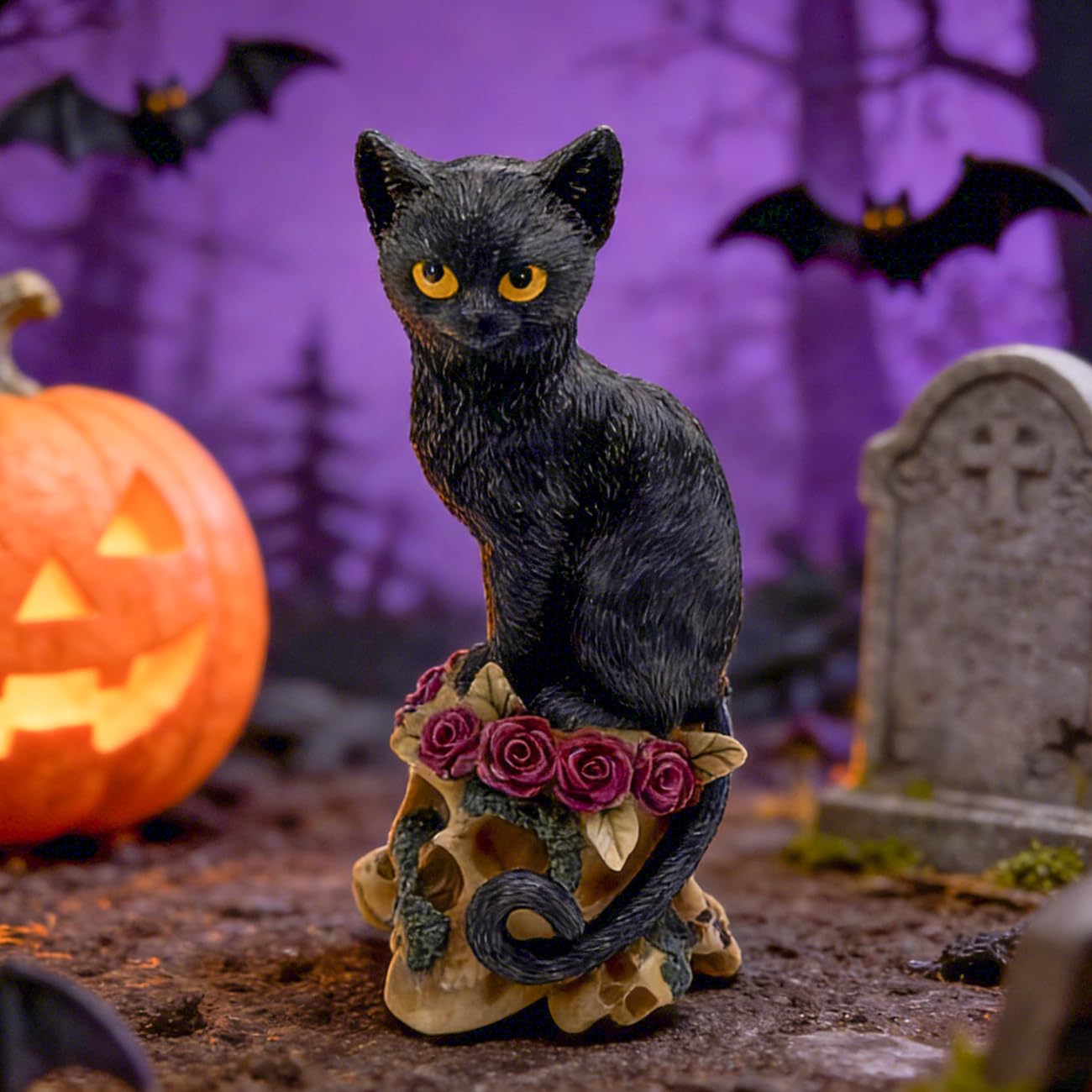 Coyoohouse Gothic Raven on Skull Statue, Dark Mysterious Resin Ornament, Spooky Crow Figurine for Halloween Home Decor, Desktop Gift for Skull Lovers on Birthday & Holiday (Cat)