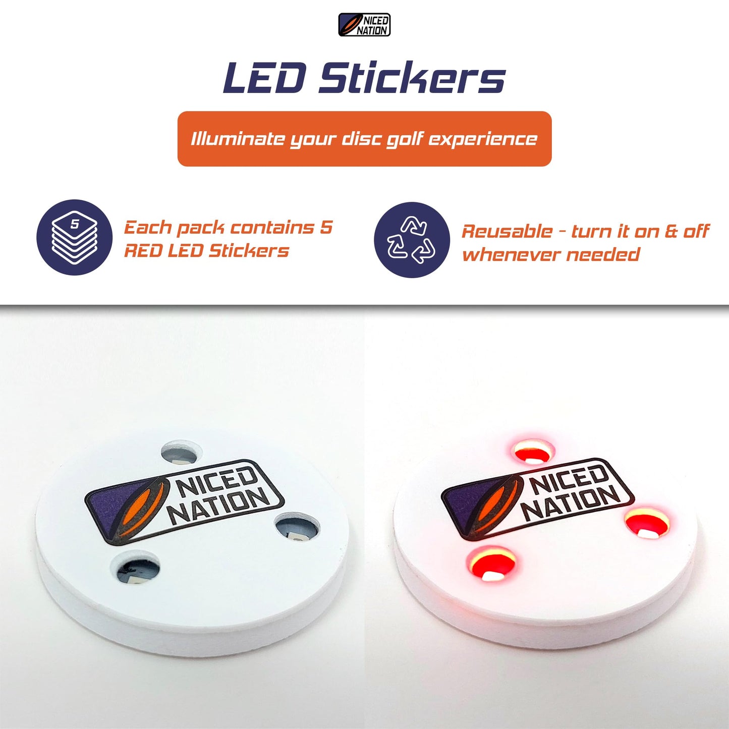 NICED NATION Red LED Stickers for Disc Golf Discs and Baskets – Play Disc Golf at Any Time of Day, Even in the Dark (Pack of 5)