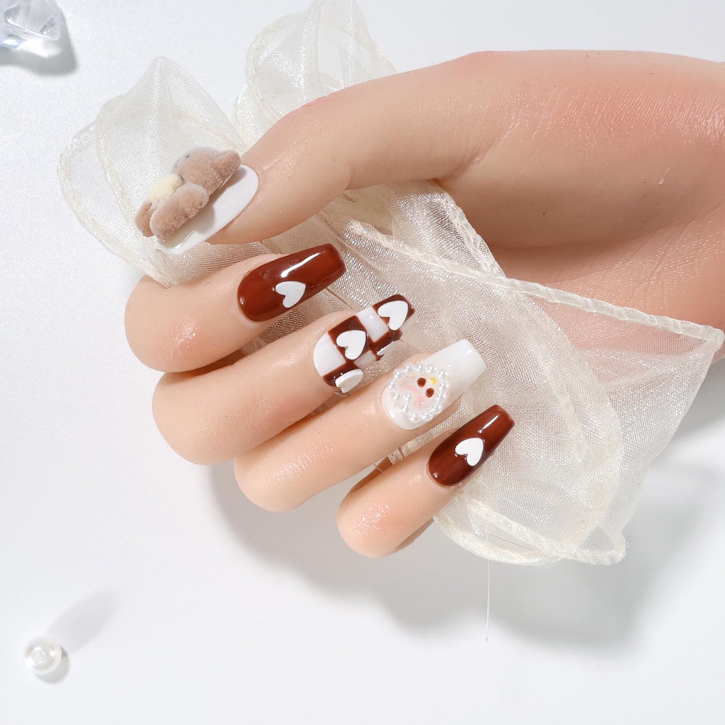 XODITO Fake Nails Set Brown White Long Medium Square Cute 3D Bear Love False Nail Tips, Press On Nails, Artificial Art Nails Finger Manicure for Women and Girls(CDJ0003-L)