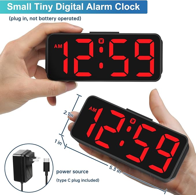 Peakeep Small Digital Alarm Clock for Bedroom, Large Number, Battery Backup | Plug-in Tiny Electric Clock Brightness Dimmable for Bedsise Desk Table Small Spaces, 5 Volume, Easy to Set, Adapter Included