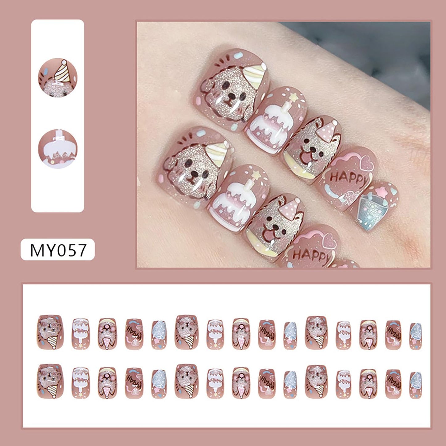 EYZOTSF Press on Nails Square Short Length Acrylic Glossy Full Cover Cute False Nails with Dog Cake Designs Artificial Extra Short Square Shaped Fake Nails Glue ons Fingernails for Women Girls