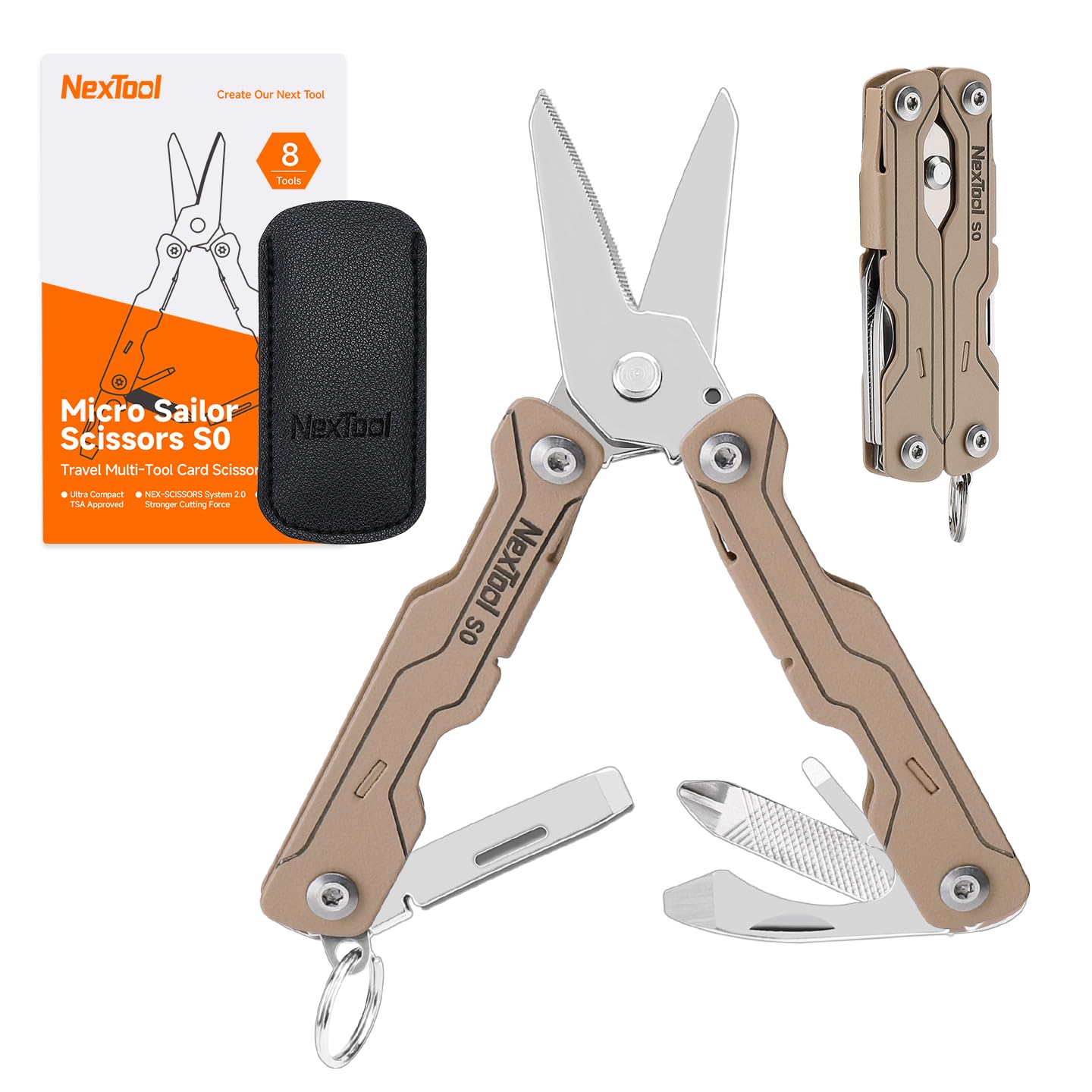 NexTool Micro Sailor Scissors S0, Mini Keychain Multitool with Serrated Scissors, 8-in-1 Lightweight EDC Tool for Travel, Outdoor, Everyday Carry, Cool Gadget for Men(khaki)