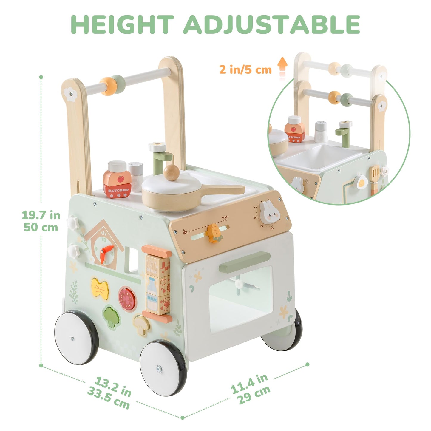 ROBOTIME Baby Walker Push Toy, Adjustable Height & Speed, Prevents Bow Legs, Spring Garden Activity Center with Clock, Shape Sorter, Play Kitchen, and Sink, Ideal Toddler Walking Toy for 10+ Months