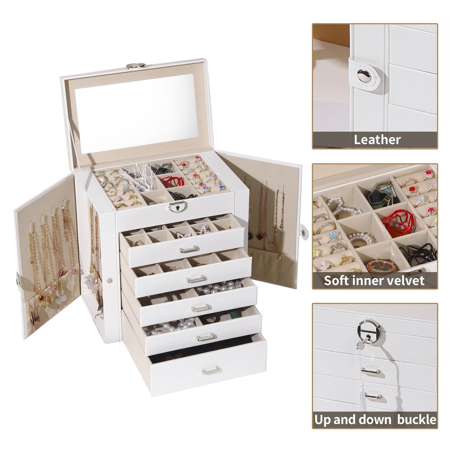 BOOVO Jewelry Box For women, 6 Layer Large Jewelry Organizer With Mirror, Multi-Function Storage Box With Lock, Accessory Holder With 5 Drawers, For Earrings Necklace Ring Bracelet (White)
