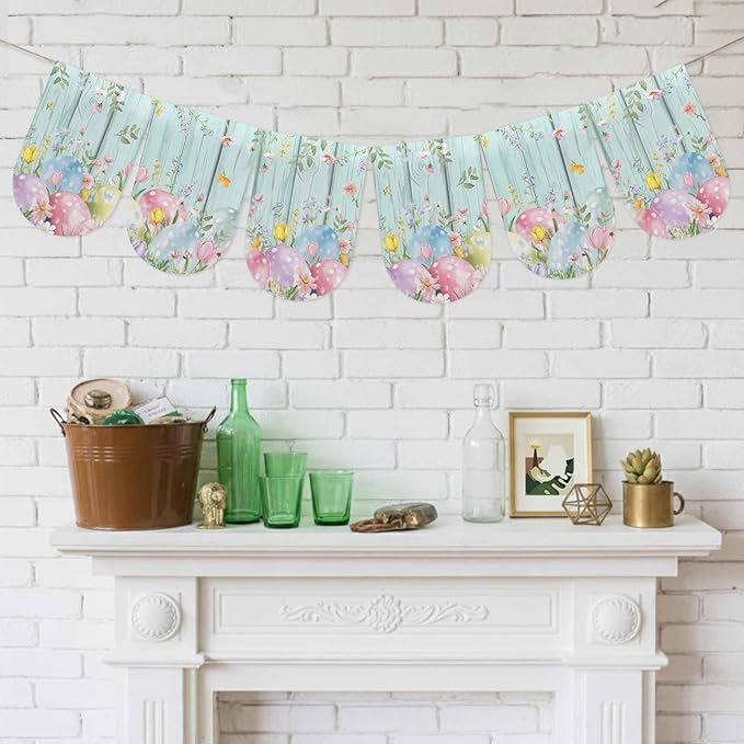 Easter Eggs Banner 3Pcs Indoor Outdoor Hanging Banner Flag Spring Daisy Eucalyptus Leaves Teal Wooden Sign for Fireplace Mantel Decorative Bunting Garland Valance for Shop Door Mantle Decor 9.8"x15.8"