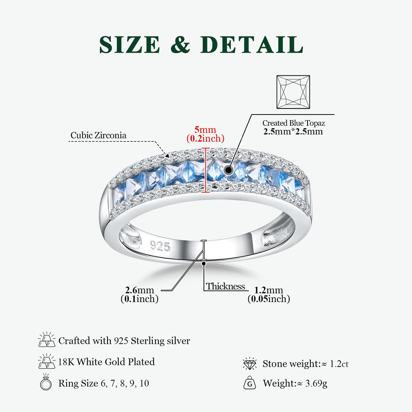RANDES Blue Topaz Ring 925 Sterling Silver Half Eternity Band Rings for Women Channel Set December Birthstone Ring Size 7