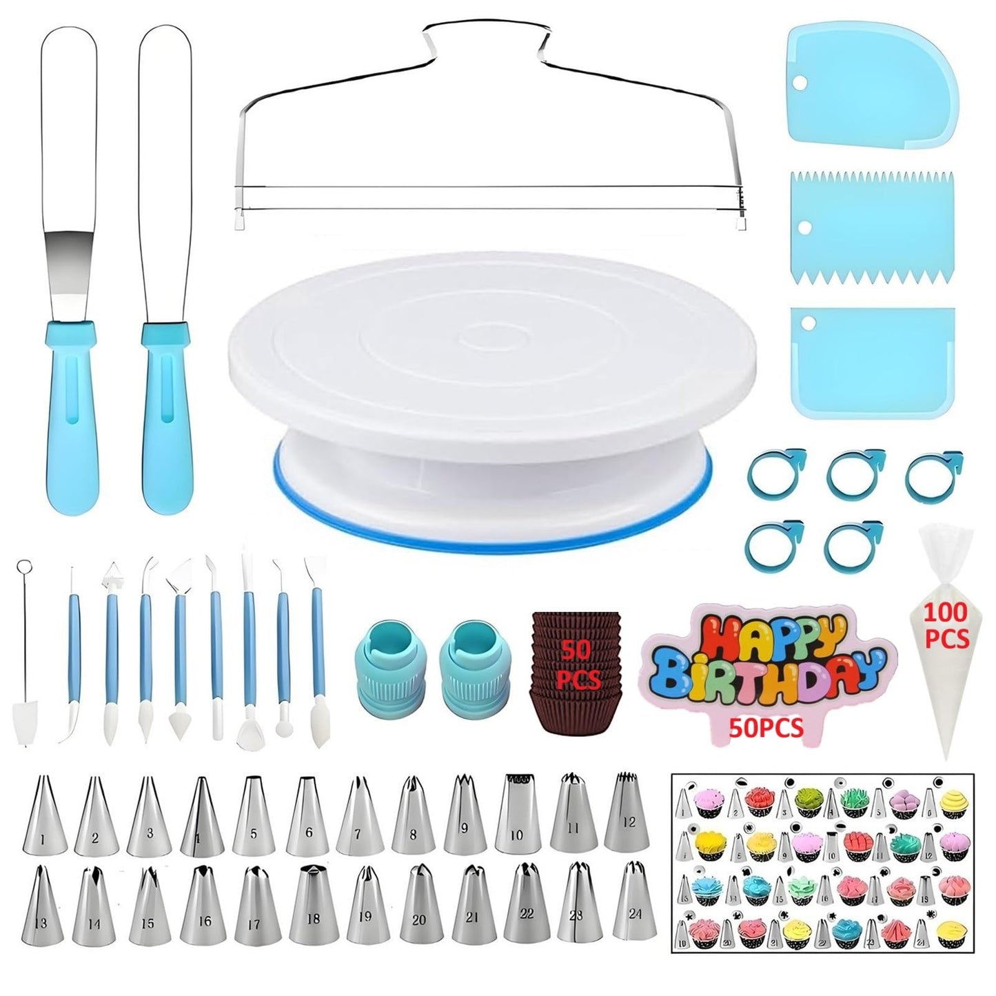 YOQXHY Cake Decorating Kit, 248 Pcs Baking Supplies Tools with Cake Turntable, Leveler, 24 Numbered Icing Tips, 2 Spatulas, 3 Scrapers, 2 Couplers, 50 Cupcake Liners, 100 Pastry Bags & More, (Blue)