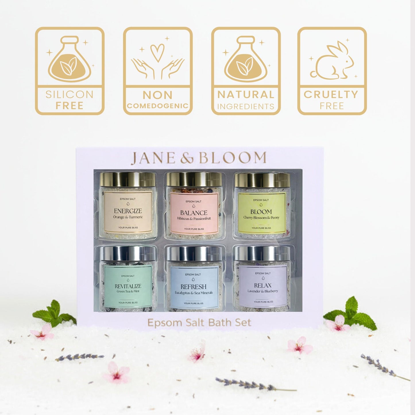 Epsom Salt Bath Gift Set – 6 Aromatherapy Blends with Essential Oils – Bath & Body Gift Set for Women, Stress Relief, Self Care, Birthday Gifts – Jane & Bloom