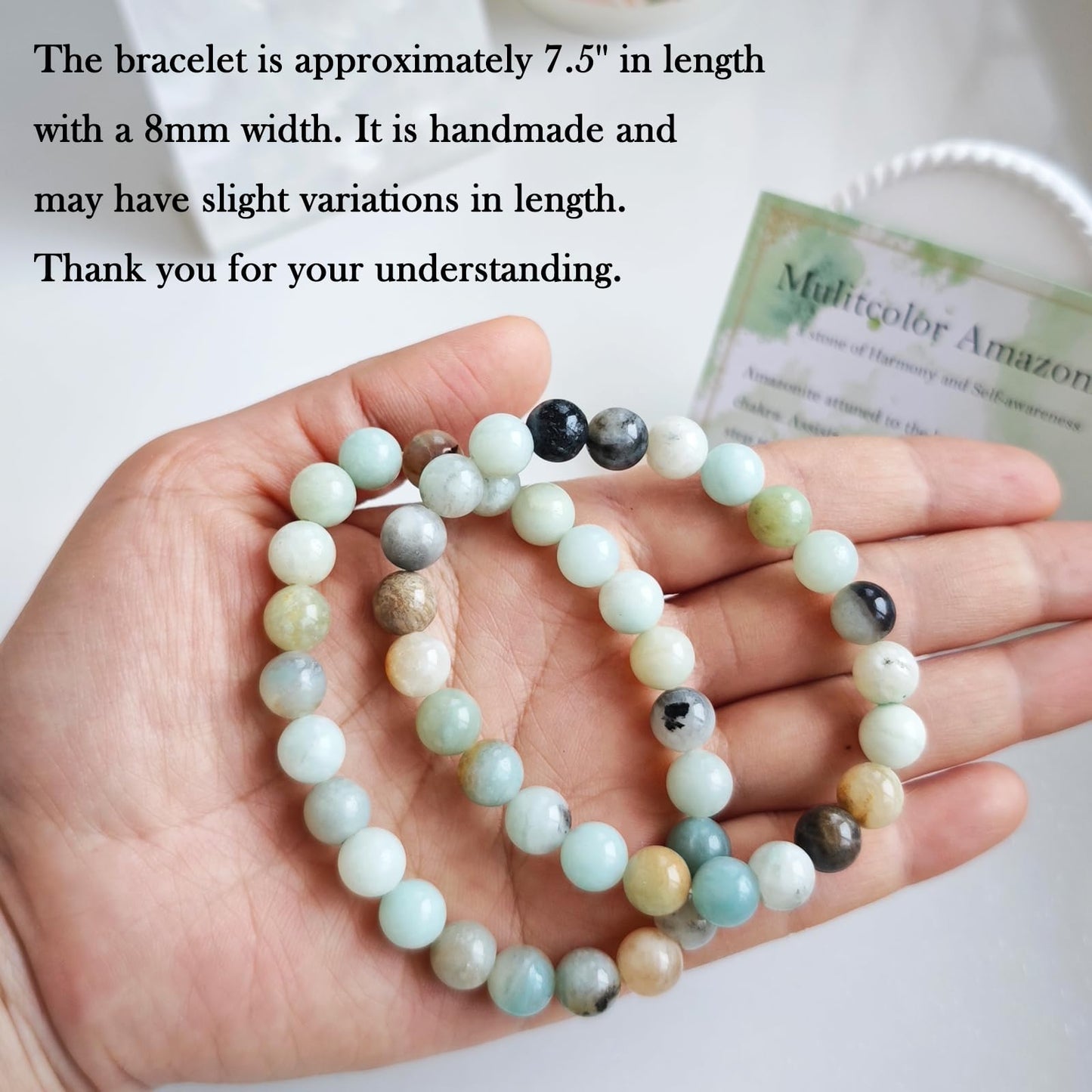 Handmade Natural Gemstone Elastic Bracelet - Healing Crystal Beads Jewelry, Unisex (Mulitcolor Amazonite, 8mm)