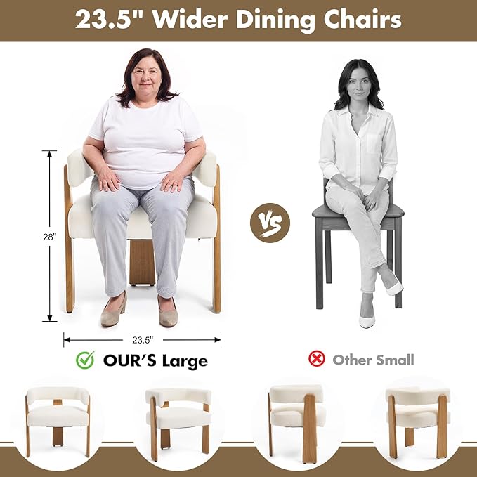 Upholstered White Velvet Dining Chairs Set of 2, Boho Modern Barrel Accent Armchairs, Thick Padded Seat & Natural Wooden Legs, Mid Century Inspired Kitchen/Dining Room Chairs, Creamy White