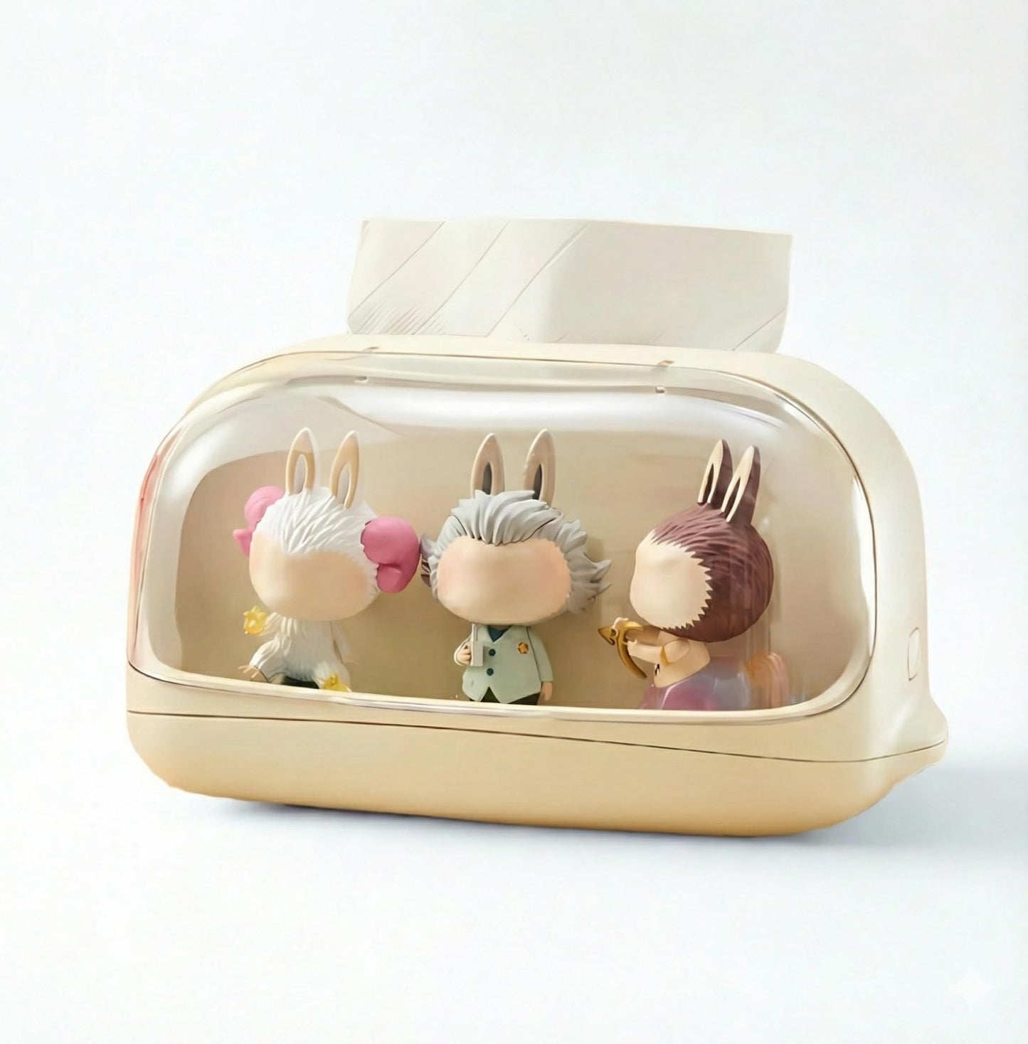 Acrylic Tissue Box with Display Case for Figurines, Dustproof Clear Tissue Holder and Storage Organizer, Compatible with POPMART Collectibles, Desk and Bedroom Decor