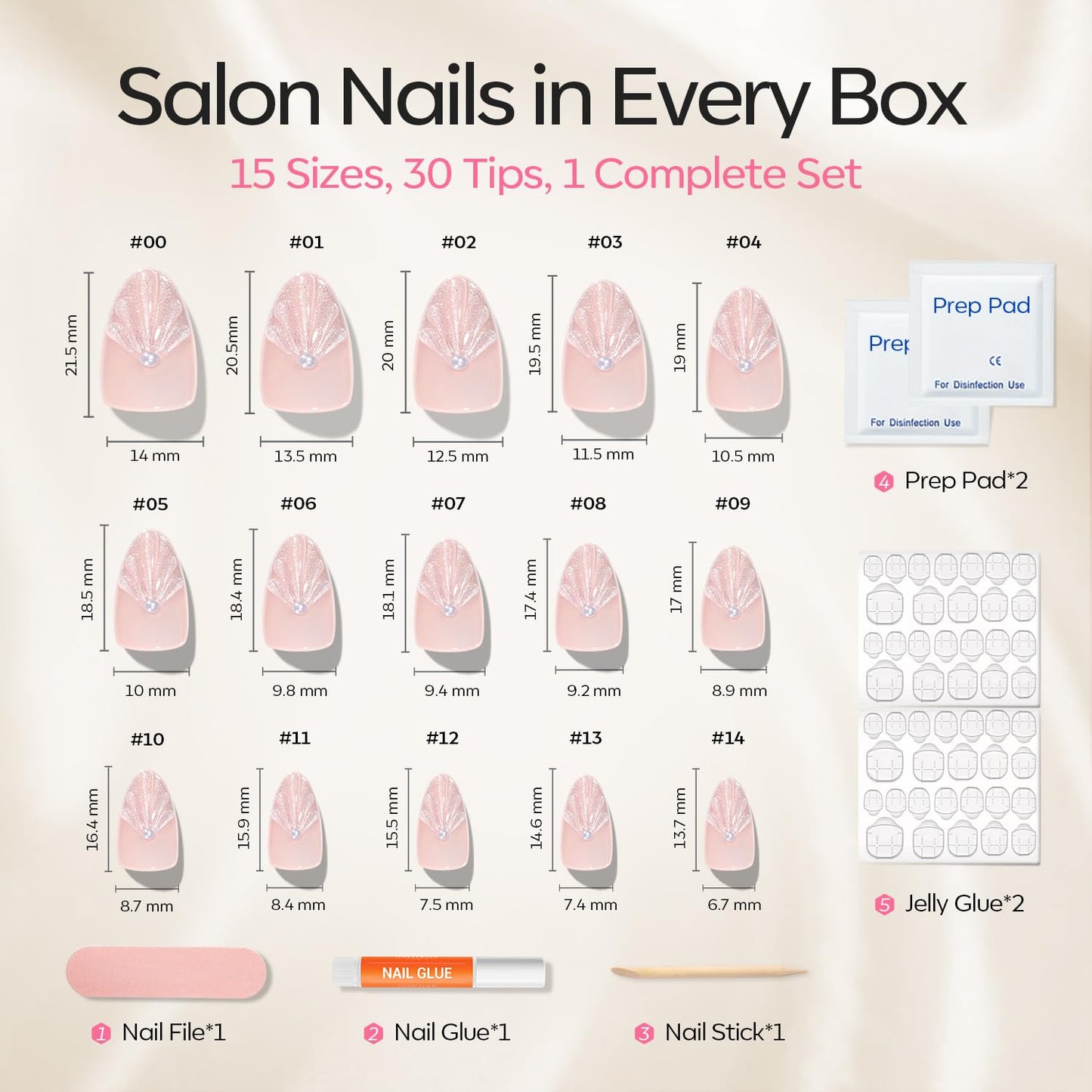 Modelones French Tip Press on Nails Almond, Short Almond Fake Nails, Semi-Transparent Soft Nail Kit with Nail Glue Adhesive Tabs Nail File, Spring Nails Press Ons 30Pcs 15 Sizes, Shell Pearl