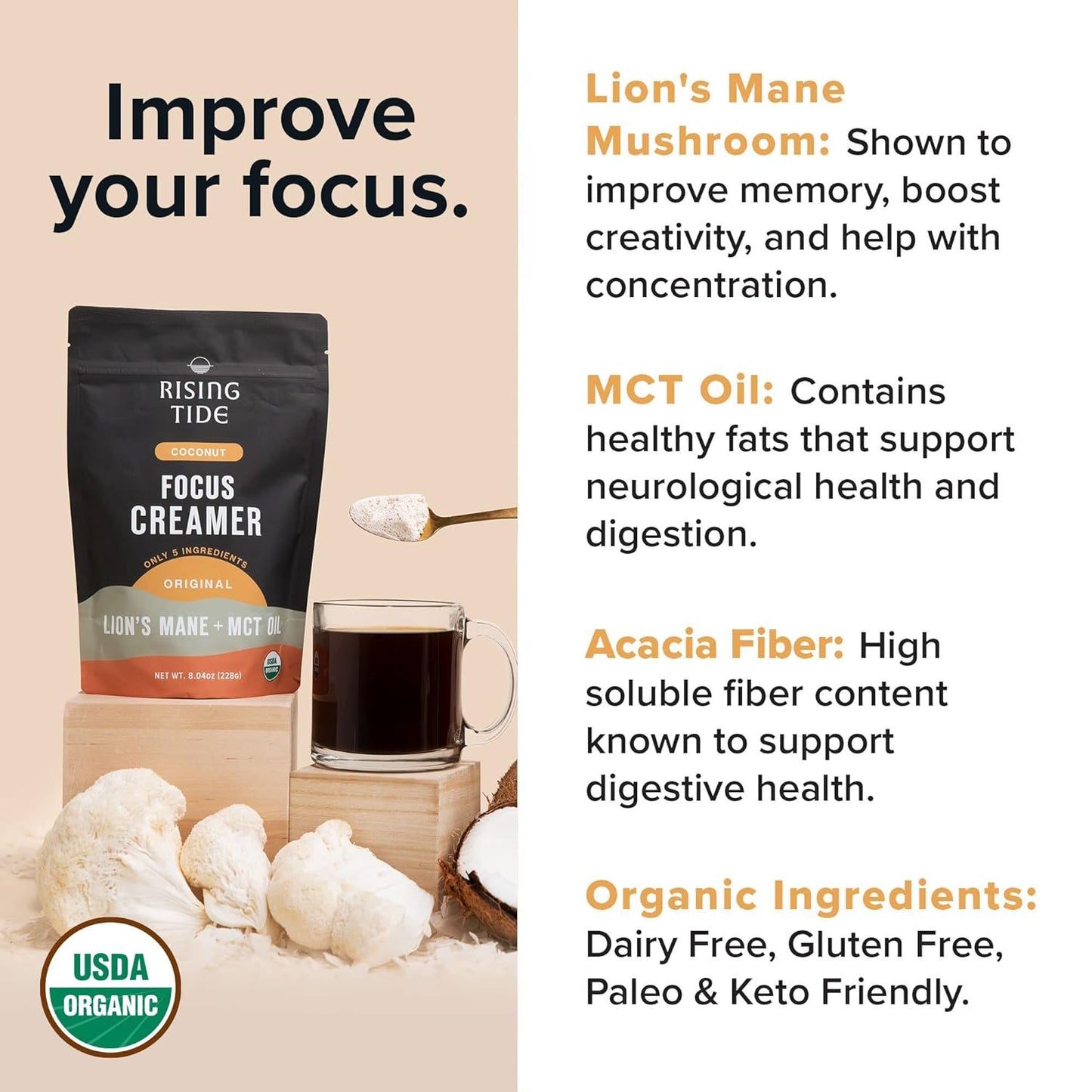 Rising Tide Organic Mushroom Superfood Creamer – Coconut Milk Powder, Lions Mane Mushrooms, MCT Oil - Non Dairy Cream Alternative for Coffee - Plant Based and Keto Friendly (38 Servings)