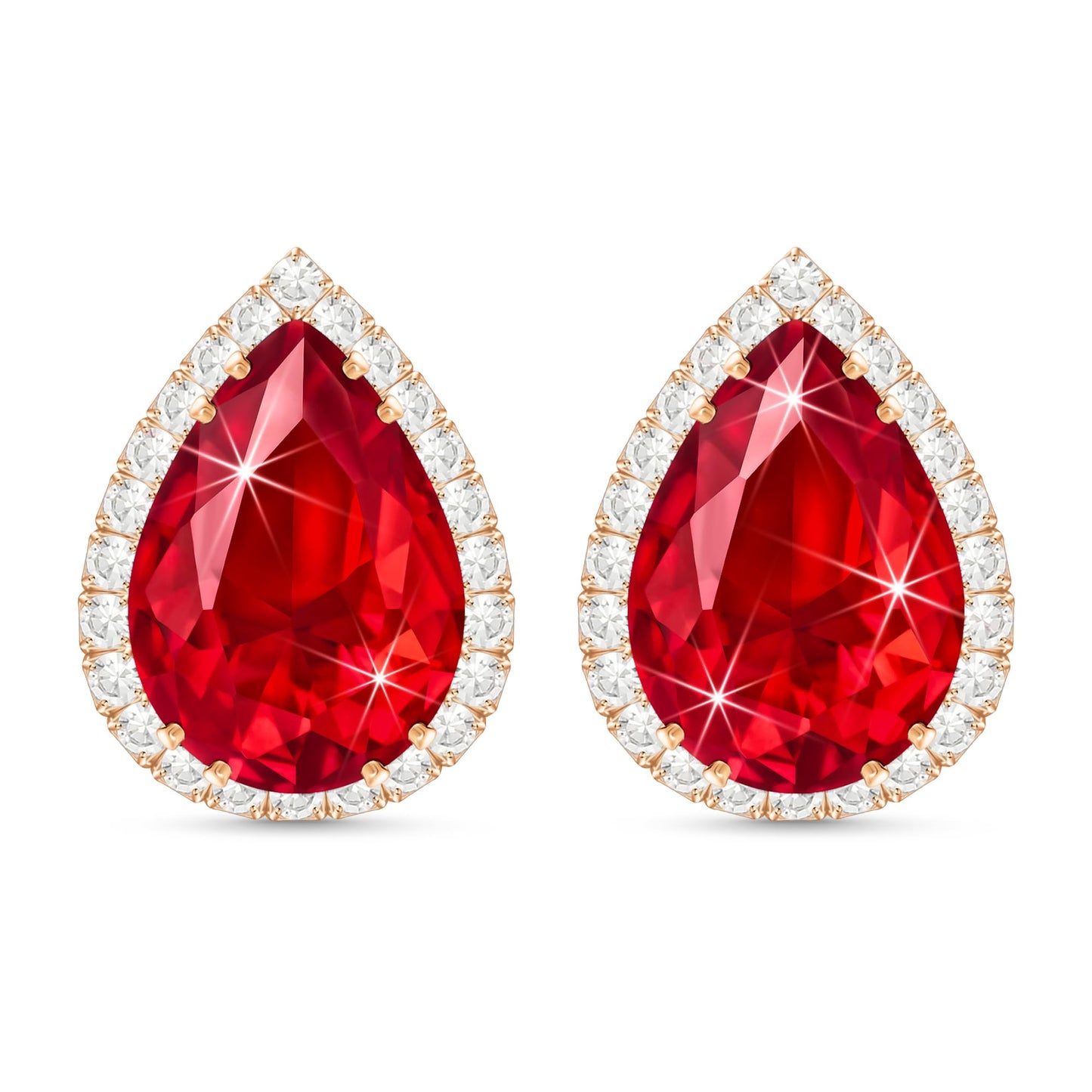 Linawe Ruby Red Imitation Diamond Stud Earrings for Women, Cubic Zirconia Teardrop Rhinestone Crystal Earrings Studs, Rose Gold Wedding Earrings Bridal Bridesmaid Ear Piercing Jewelry