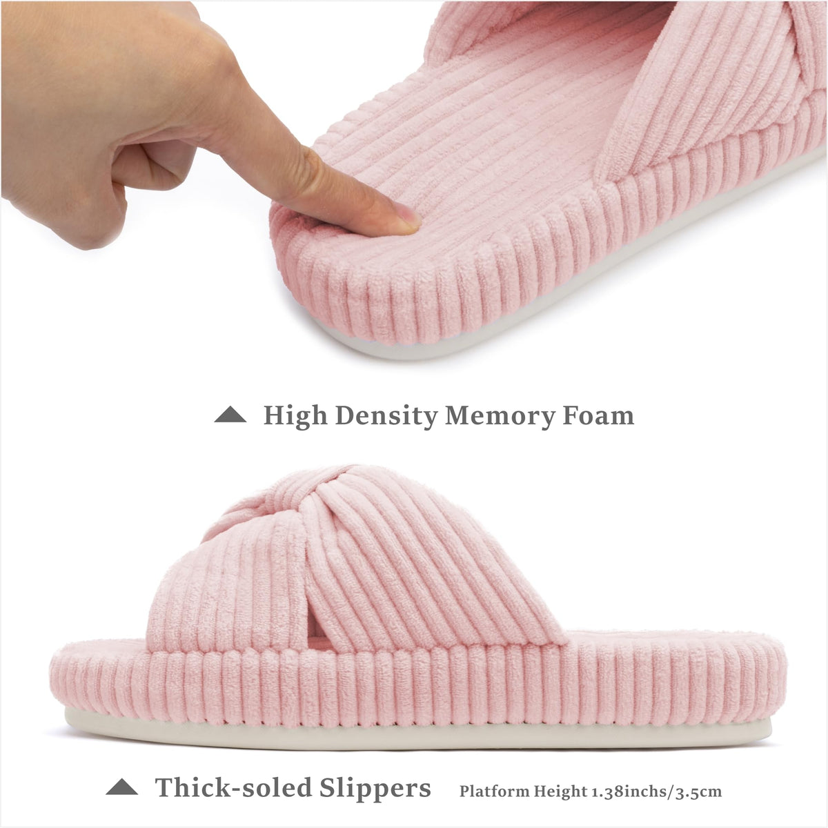 Slippers for Women Memory Foam House Bedroom Corduroy Bow Crossbands Slipper Shoes Comfy Trendy Gift Slippers Pink Size 9 10 8.5