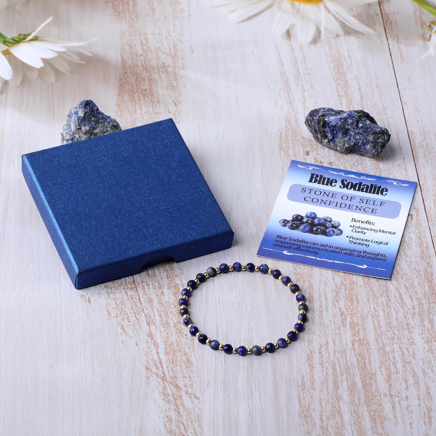QOGIR Blue Sodalite - Self Confidence - 14K Gold Plated Beads Natural Gemstone Stretch Elastic Dainty Healing Beaded Bracelets Gifts 4mm