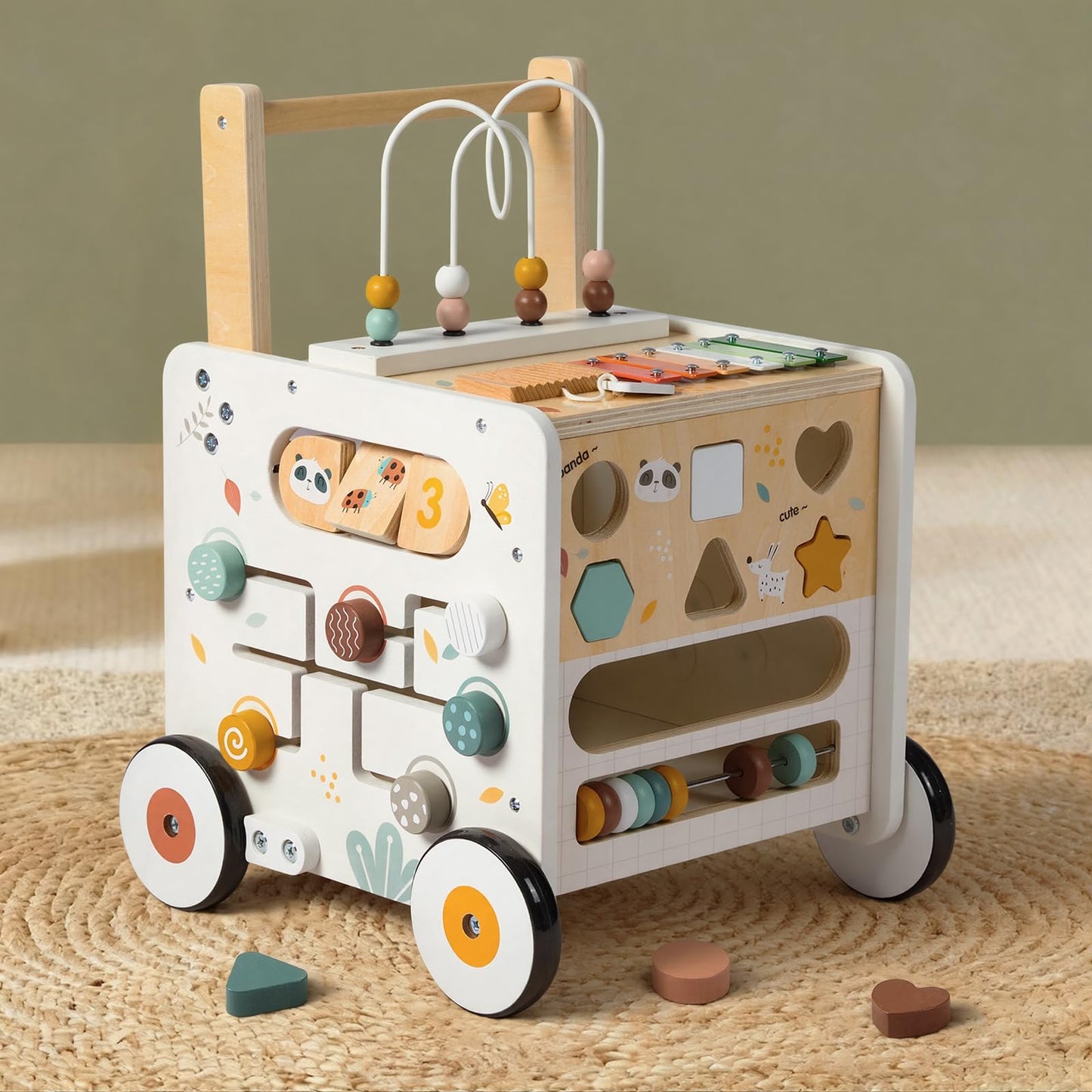 PTINFLUCE Wooden Baby Walker, Activity Cube Push Walker for Boys and Girls, Toddler Montessori Learning to Walk Toy with Adjustable Speed