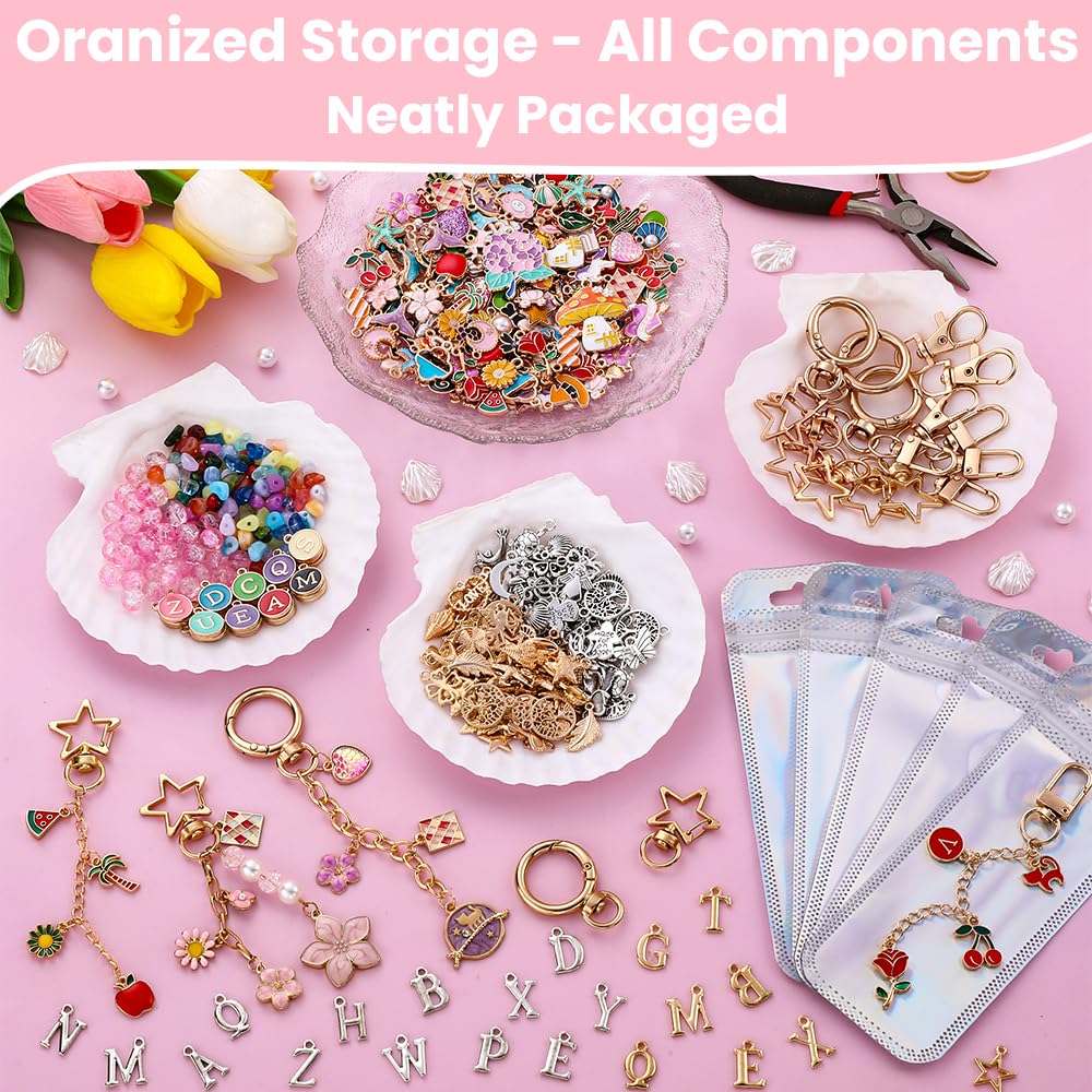 JOICEE 585Pcs Charms lip Gloss Keychain Making Kit, DIY Jewelry Crafts Making Kit with 192 Enamel Pendants 30 KeyChain Hooks 30 Chains and 333 Accessories Tools for Girls Adults Birthday Holiday Gifts