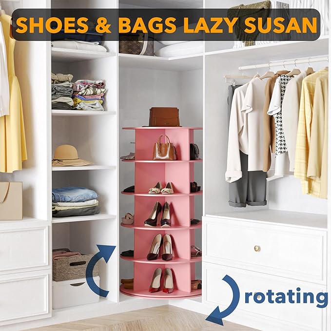 SpaceAid 5 Tier Rotating Shoe Rack Tower, Spinning Shoe Display Lazy Susan, Revolving 360 Shoe Rack Storage Round Carousel, Vertical Handbag Rotate Shoes Closet Organization (5-Tier Pink)