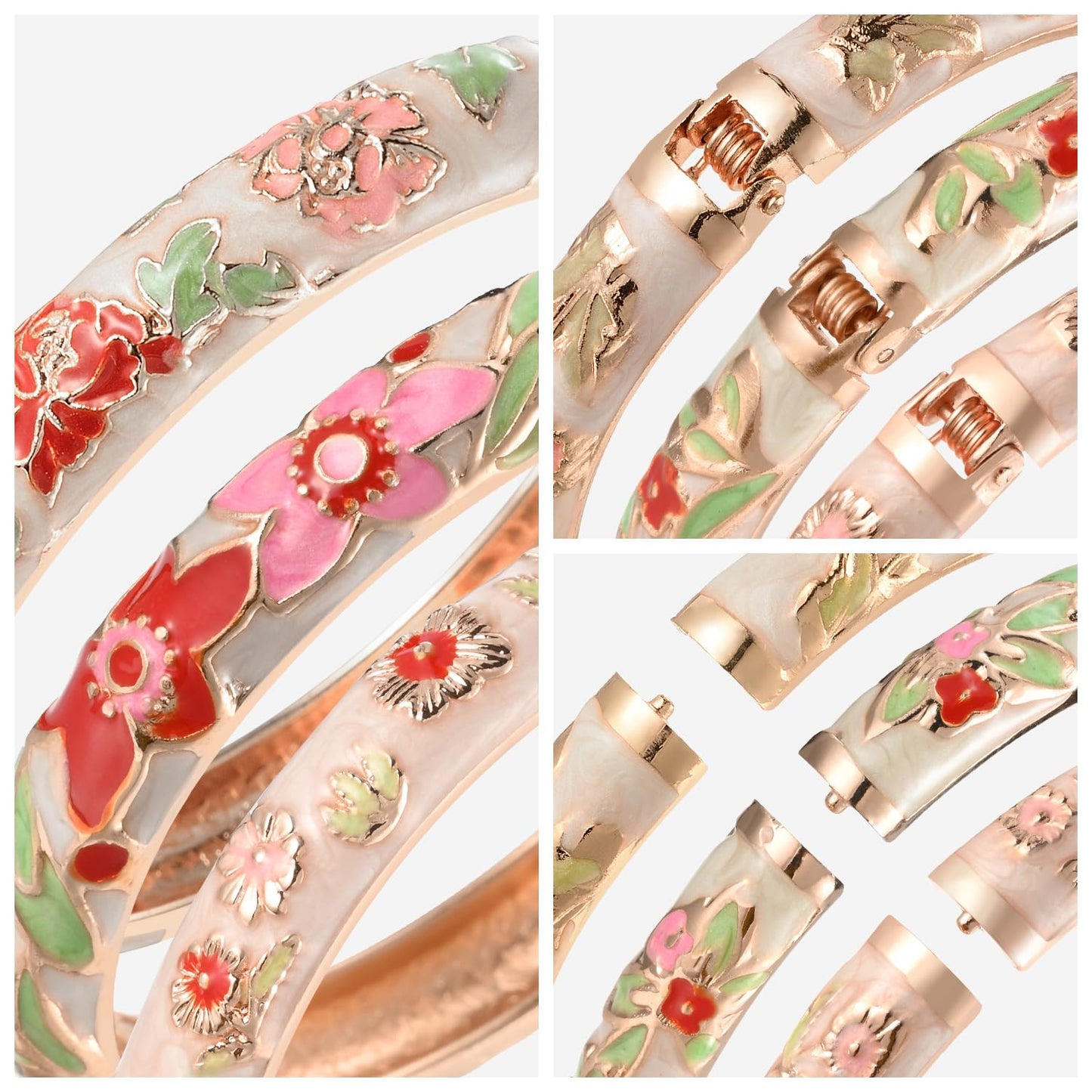 UJOY Womens Multi-Colors Cloisonne Bracelet Gold Plated Flower Enameled Hinged Cuff Bangles Jewelry Gift 55A-3PCS Cream White