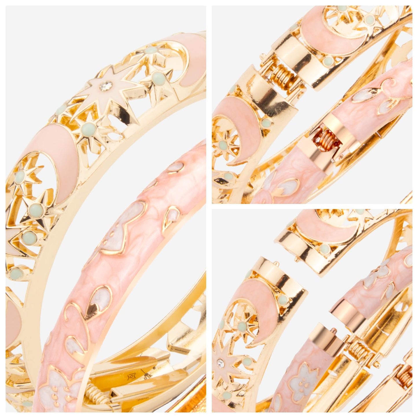 UJOY Womens Multi-Colors Cloisonne Bracelet Gold Plated Moon Star Enameled Hinged Cuff Bangles Jewelry Gift 88A-3PC Pink