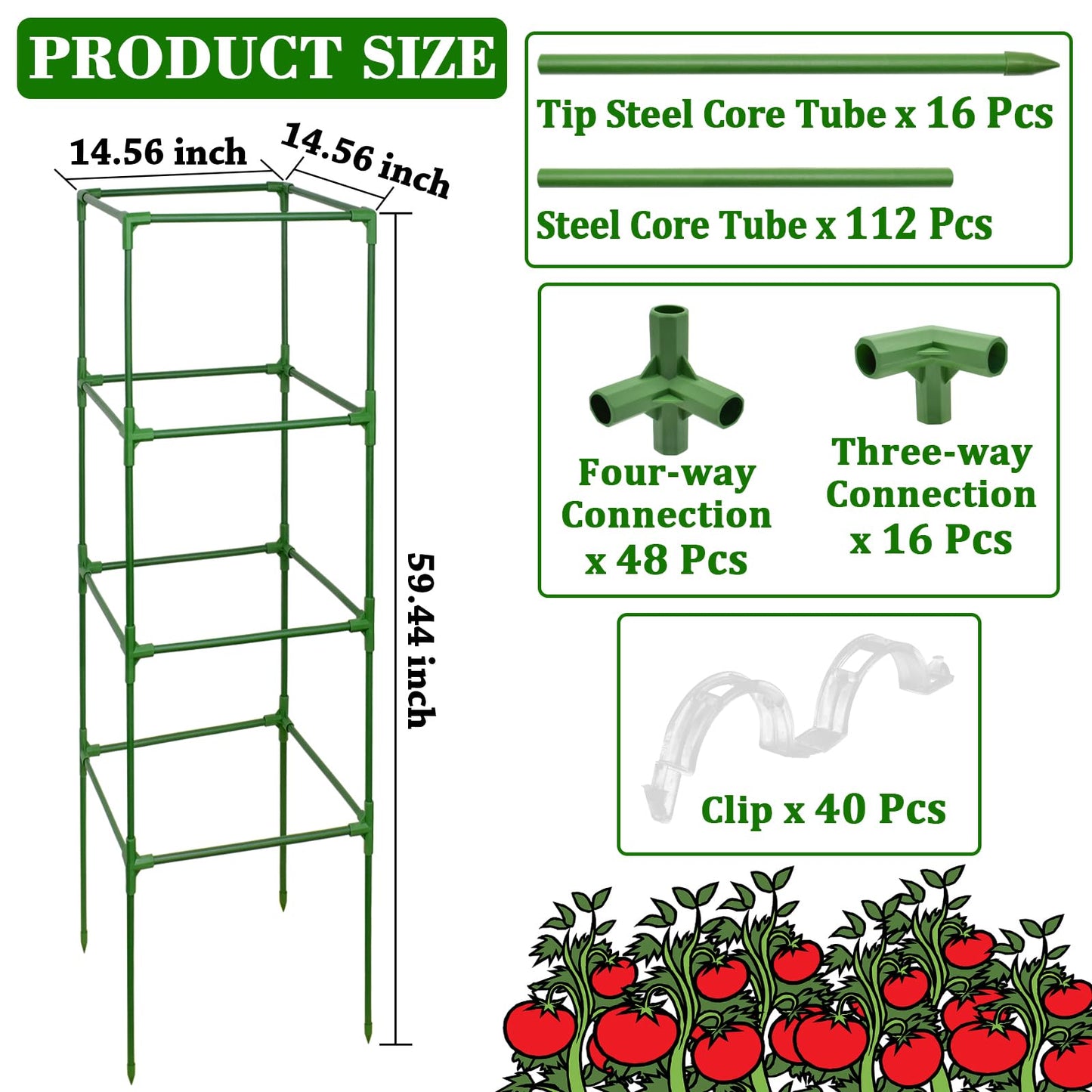 ZeeDix 4 Pack Tomato Cages for Garden 60 Inches, Heavy Duty Square Adjustable Tomato Trellis Cage Climbing Plant Support Trellis Plant Cages for Climbing Vegetables Flowers with 40Pcs Clips