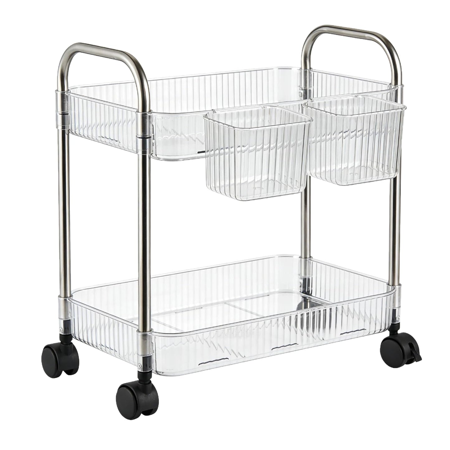 Ufriandz 2 Tier Utility Rolling Cart with Wheels Sofa Side Table Small Under Desk Storage Organizer, Clear Acrylic Plastic Mobile Trolley Organization Storage Cart for Kitchen Pantry Bathroom Vanity