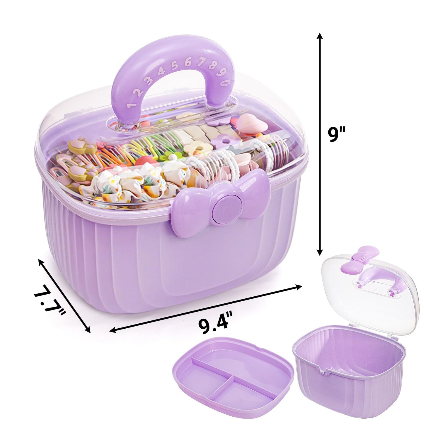 Noamus 10" Multipurpose Storage Box with Removable Tray, 2 Layer Cute Hair Accessories Organizer, Clear Plastic Folding Craft Case for Headbands, Sewing, Clips Ties Supplies, Purple