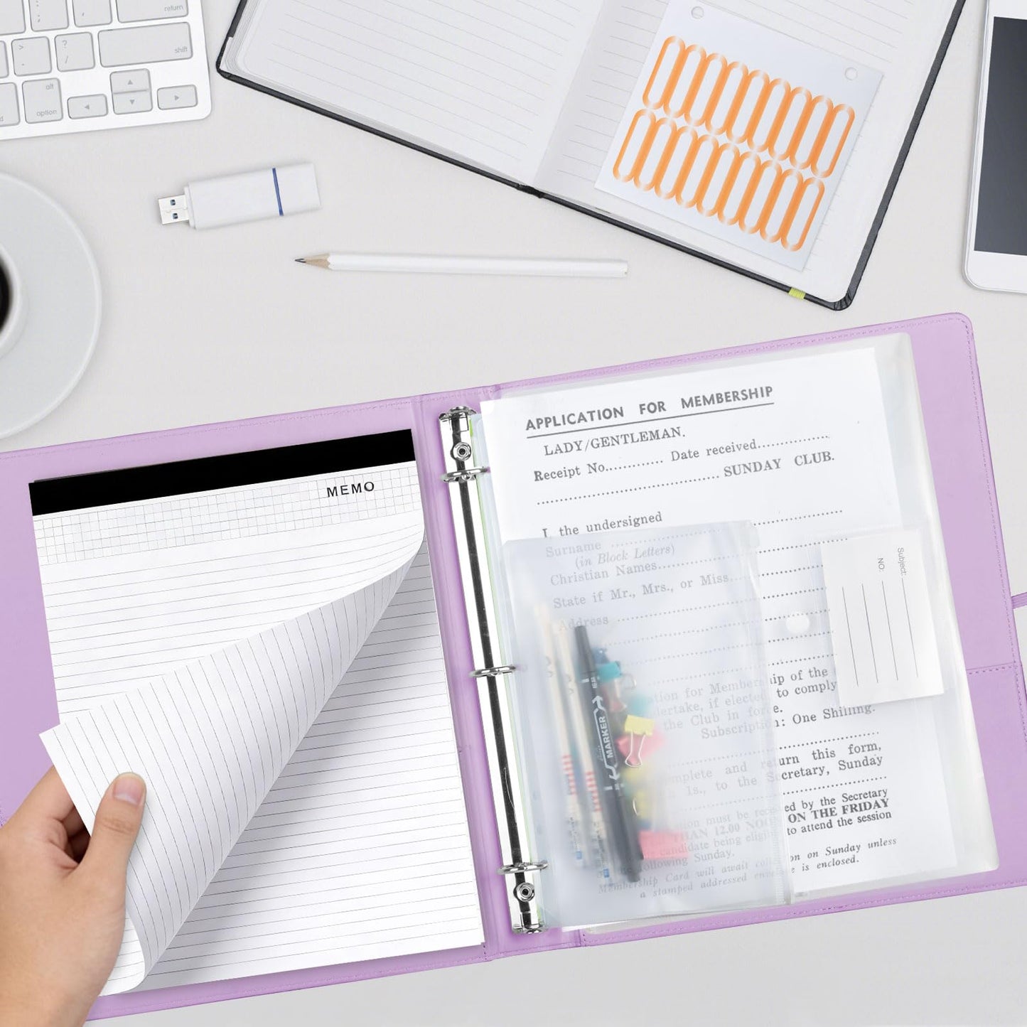 BVSSX 3 Ring Binder with Clipboard,1 Inch Binders with Notepad&5 Dividers with Pockets, Labels,PU Clipboards for School Office(Purple,Letter Size)