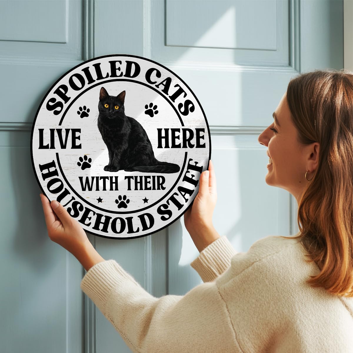 Black Cat Wood Hanging Sign for Front Door, Cat Gifts House Welcome Sign