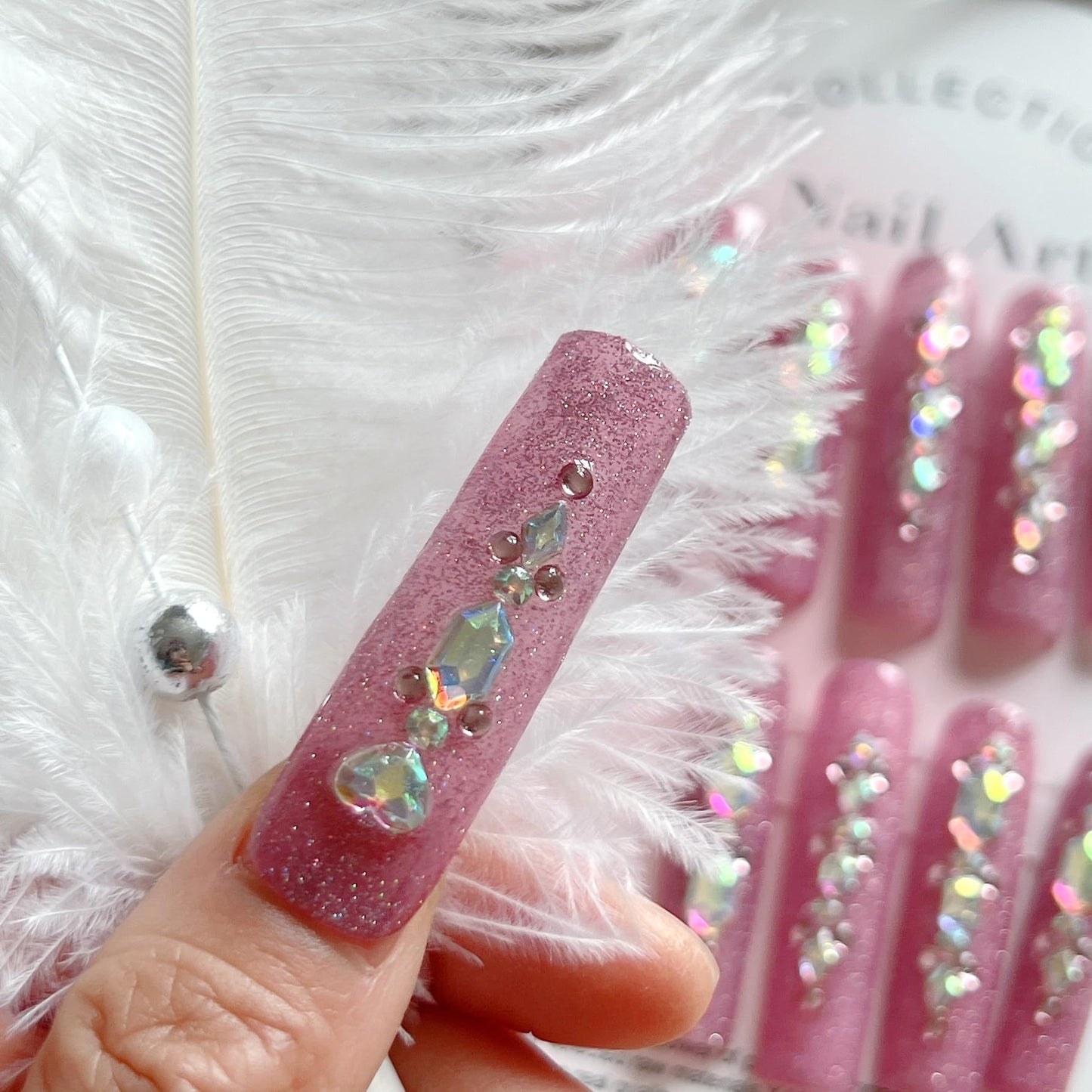 NAIL ANGEL 10PCS/SET Glamorous Handmade Press on nails Glitter Gem Rhinestone Long Coffin Nails Party Nails XXL Long Artifical Tips ZJ-05(S)