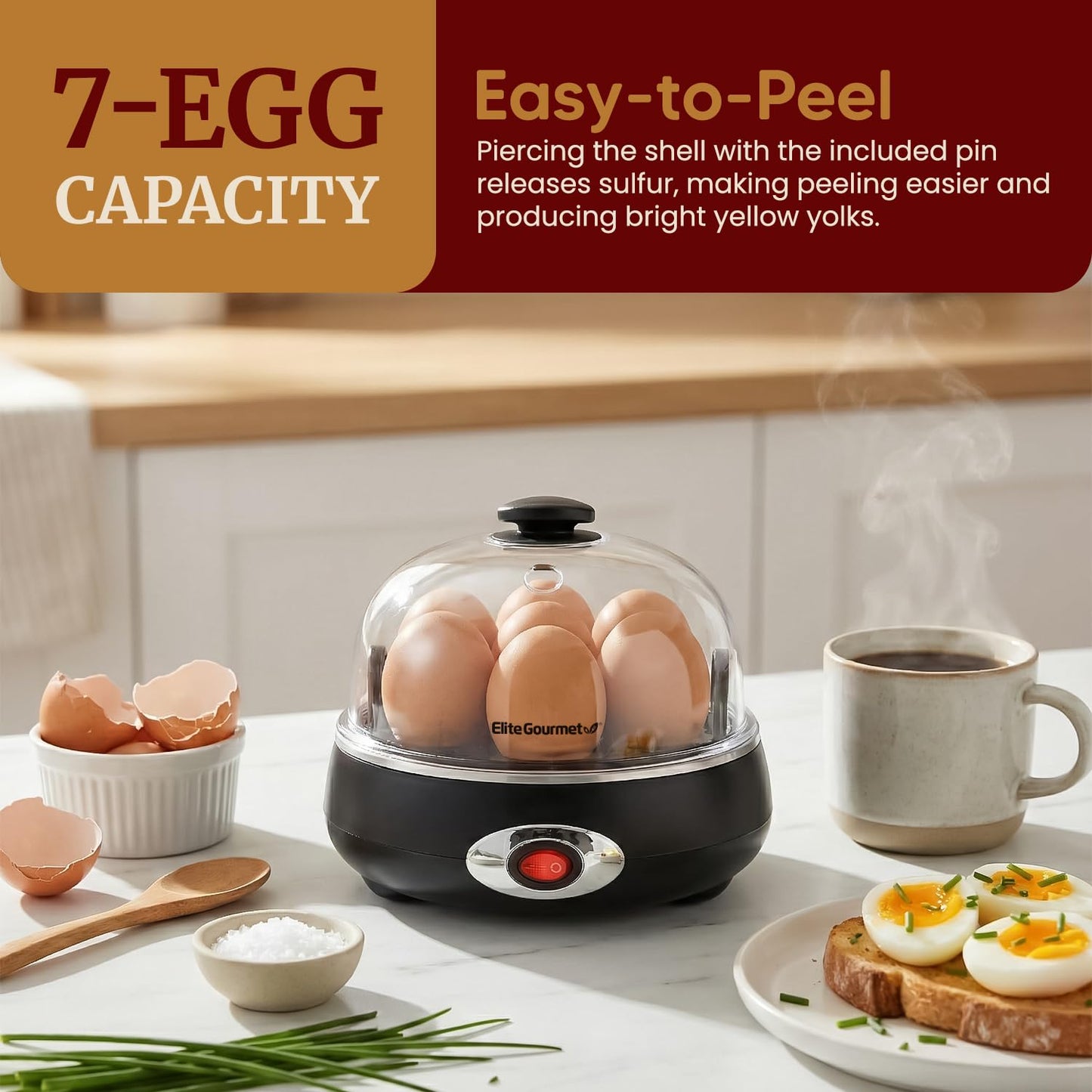 Elite Gourmet EGC007CHC# Rapid Egg Cooker, 7 Easy-To-Peel, Hard, Medium, Soft Boiled Eggs, Poacher, Omelet Maker, Auto Shut-Off, Alarm, 16-Recipe Booklet, Charcoal Grey