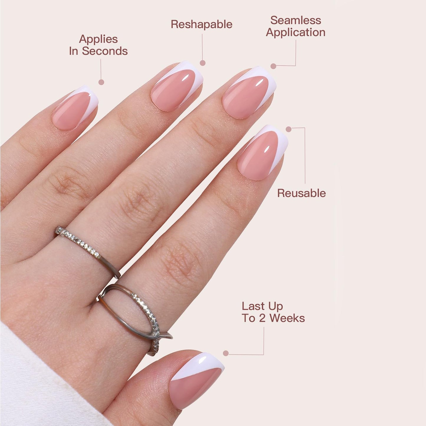 30 Pcs French Tips Press On Nails - Short Square Nude Pink Glossy Reusable Acrylic Nails - 15 Sizes