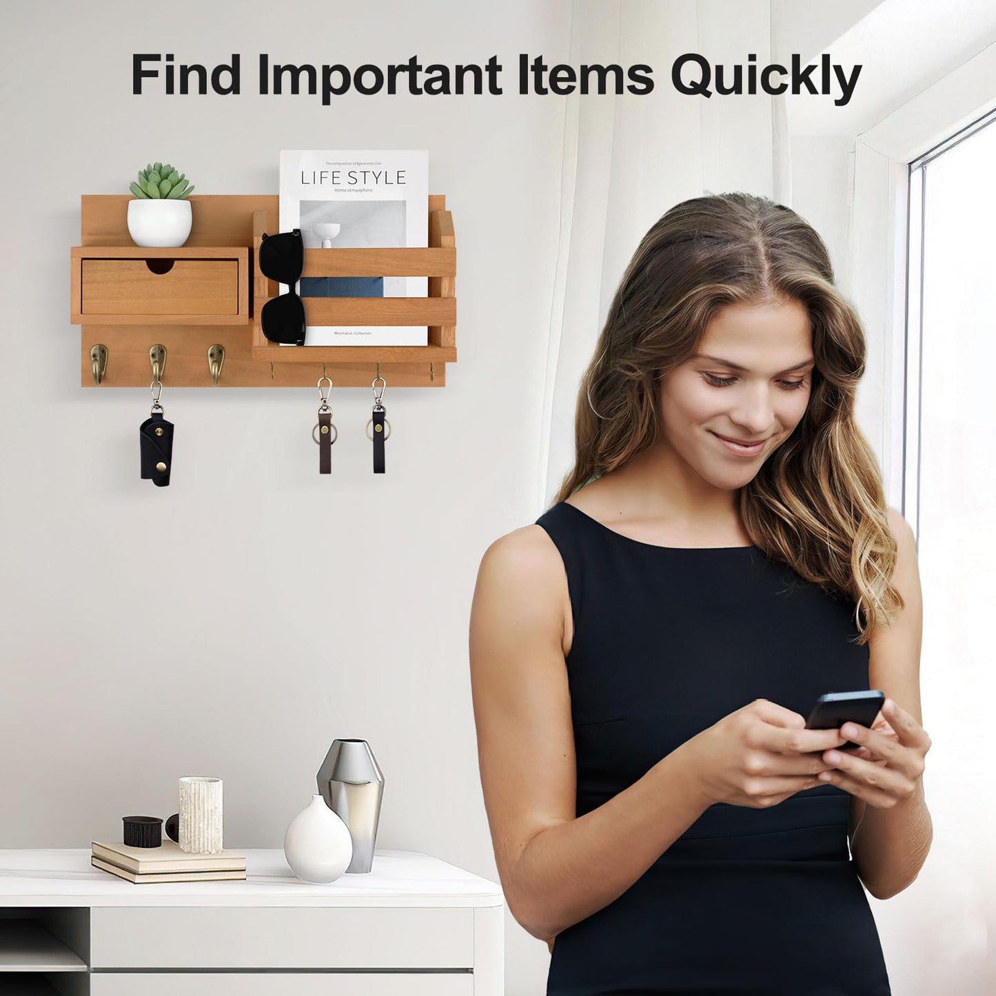 Lwenki Wall Mount Key Holder with Mail Organizer, 100% Paulownia Wood, 7 Metal Hooks, Storage Drawer, Entryway Home Decor