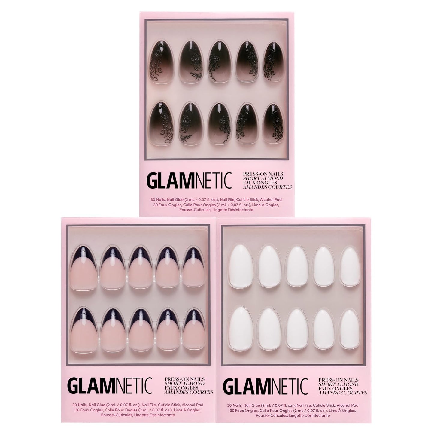 Glamnetic Press-On Nails Bundle - 'Til Death, Angel & Caviar | Ombre 3D Lace Fake Nails | Opaque White Nails | Short Almond Black French Tip False Nails