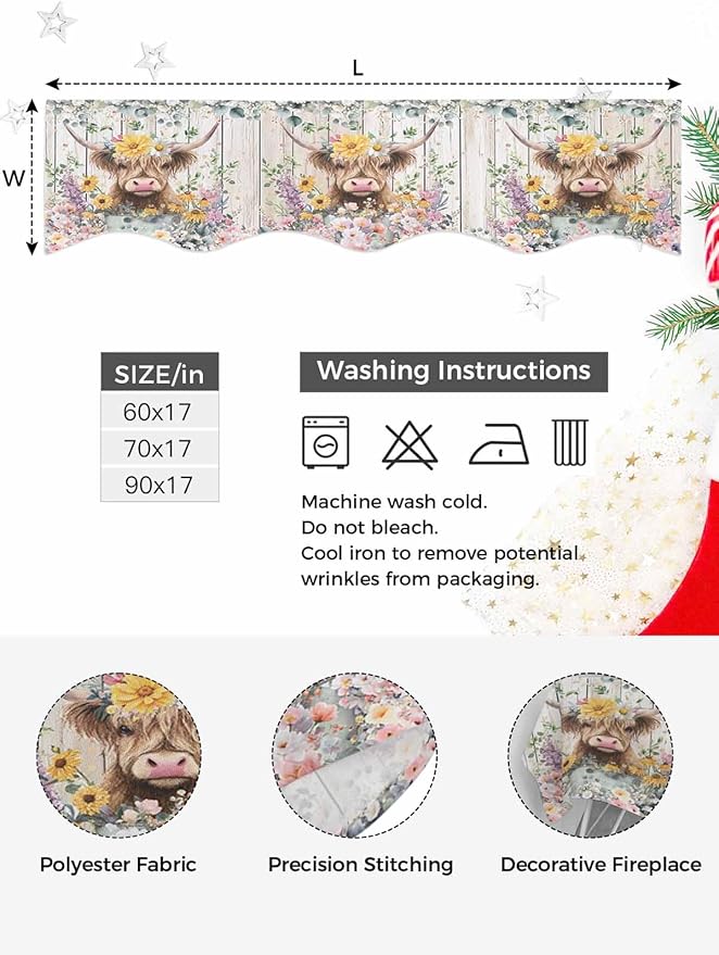 Spring Cow Floral Fireplace Mantel Scarf Table Runner, Green Eucalyptus Leaves Grey Wooden Winter Garland Mantel Top Tablerunners Dresser Scarves Cover for Windows Party Living Room 70''x17''