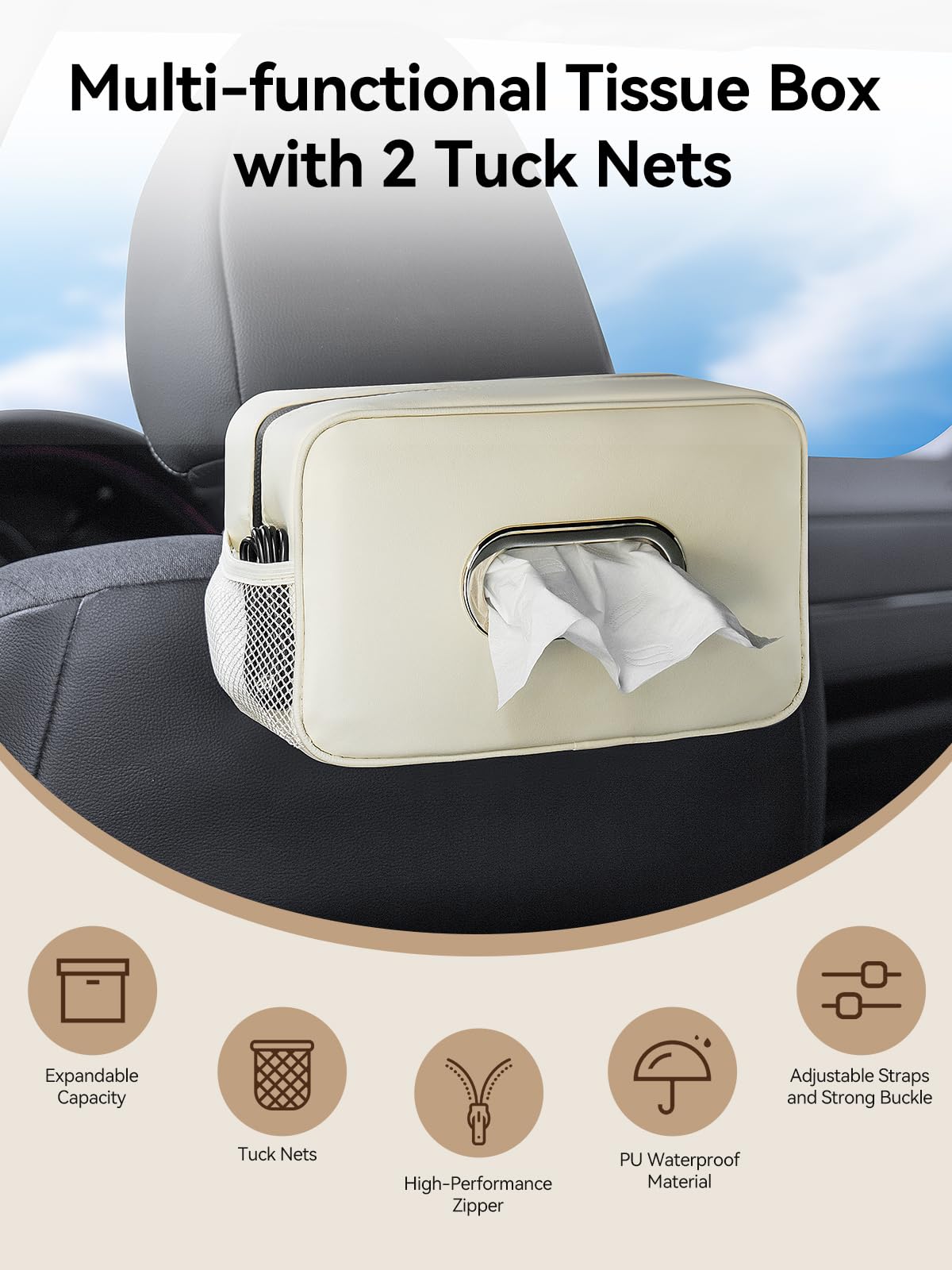 Multi-Functional Car Tissue Holder with ‌2 Storage Nets, Upgraded PU Leather Tissue Box Cover, Large Rectangle Napkin Organizer, Fit for 100-160 Regular Size Tissues, Keep Car Tidy, Beige