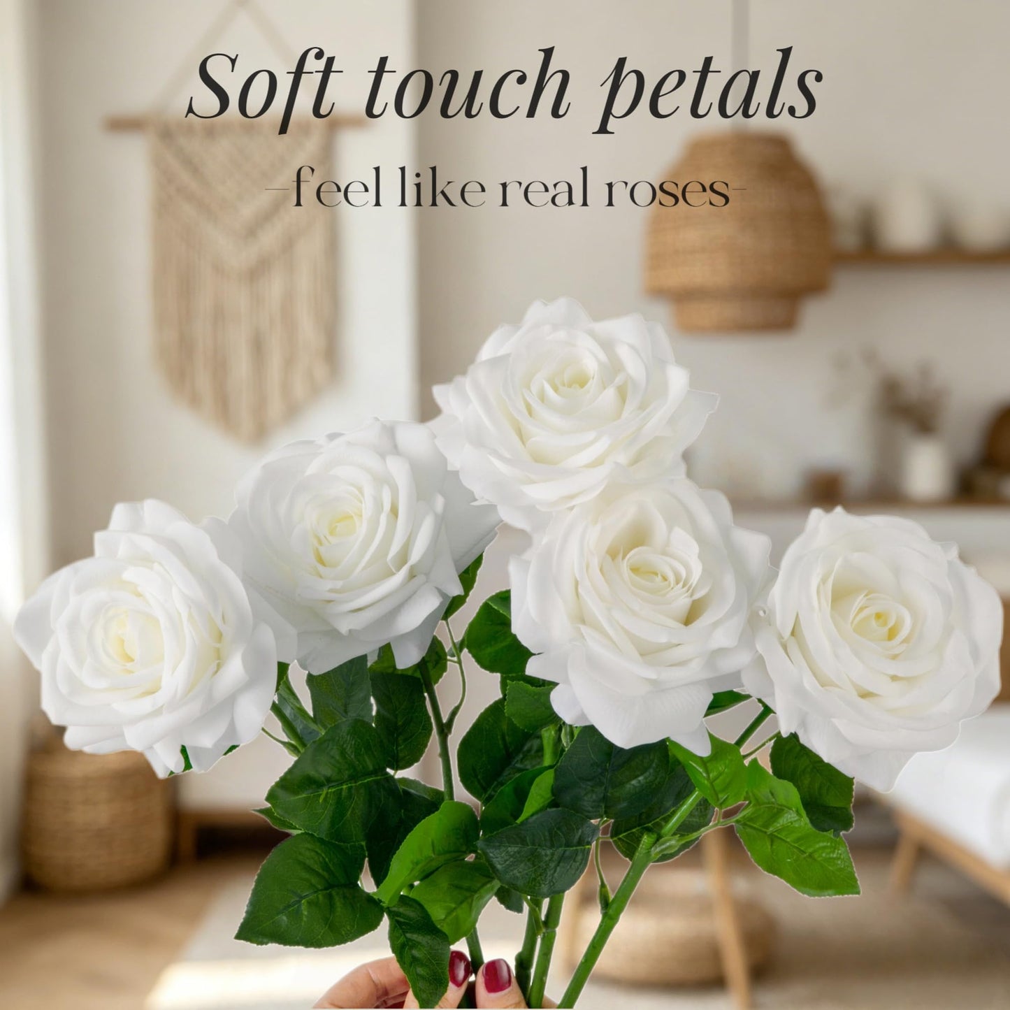 PIDOFOX Artificial Flowers, 5Pcs Real Touch White Roses, Realistic 4.3''Big Flower Head Faux Silk Roses Bouquets with Long Stem for Wedding DIY & Home Table Centerpieces Decoration